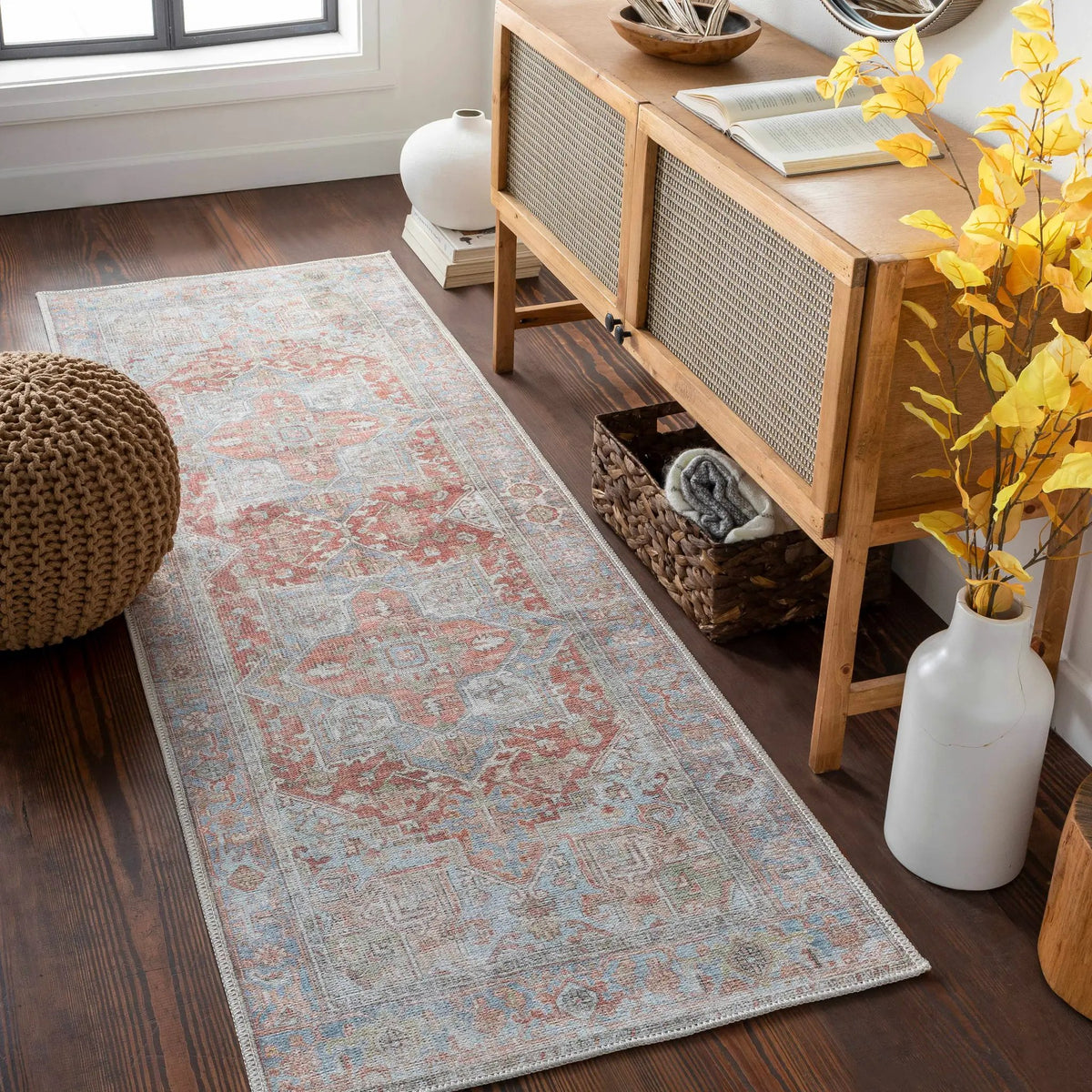 Maayon Medallion Rust Washable Area Rug, installed in a room 2