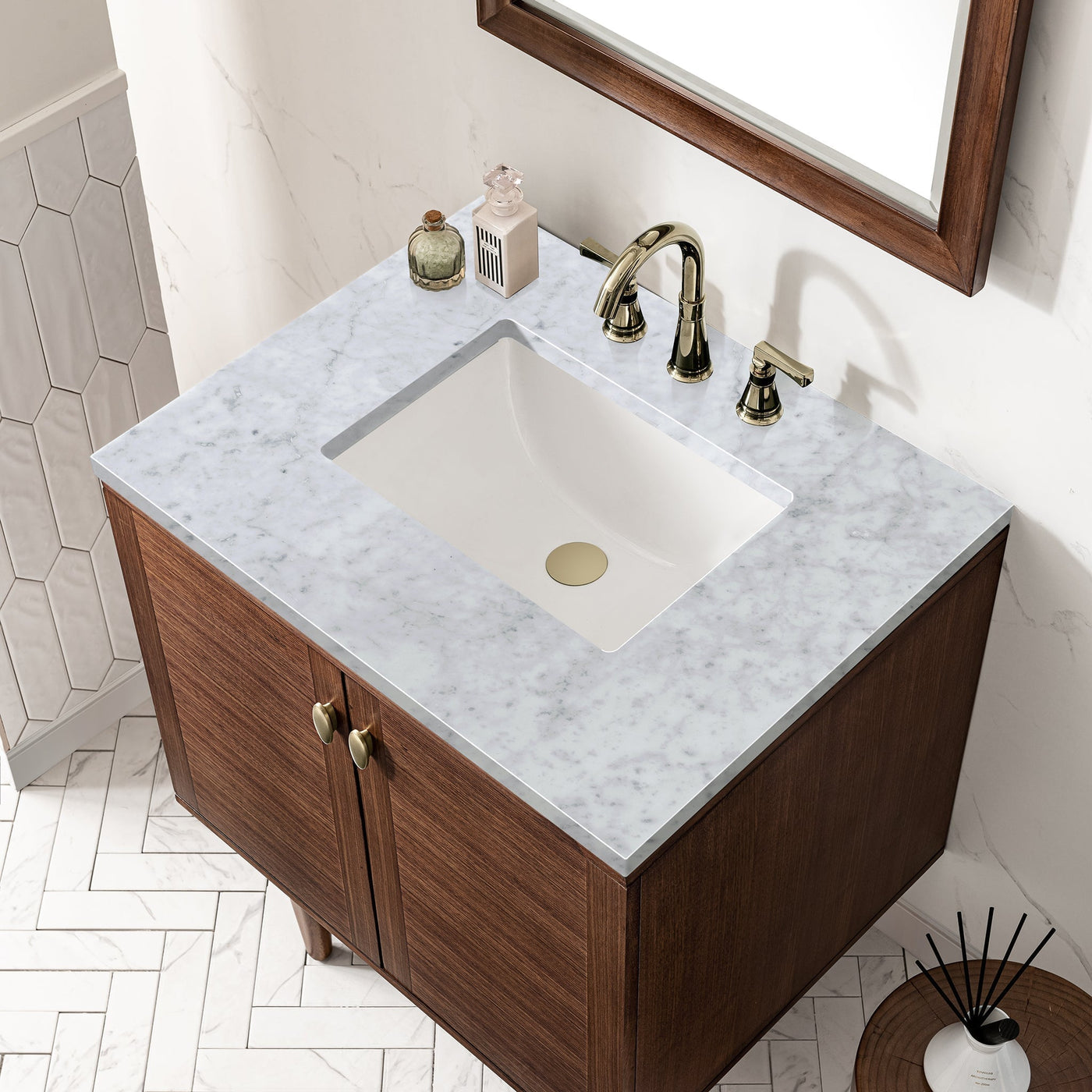 James Martin Amberly 30" Dual Mount Single Bathroom Vanity, Mid-Century Walnut with Carrara White countertop