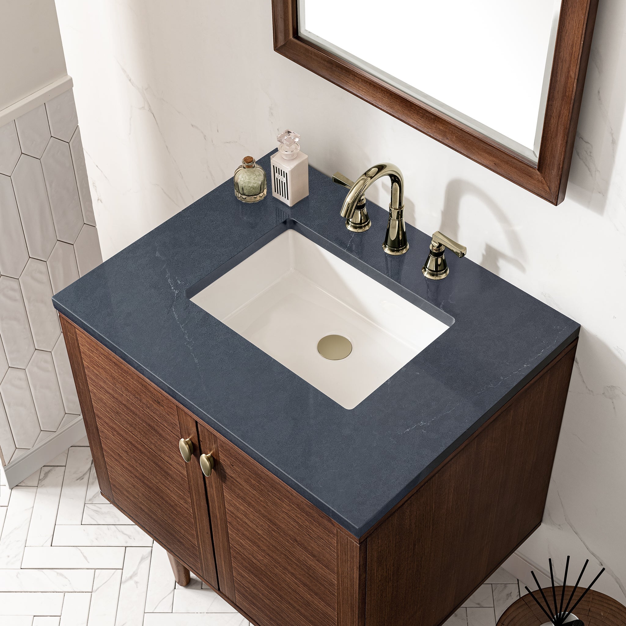 James Martin Amberly 30" Dual Mount Single Bathroom Vanity, Mid-Century Walnut with Charcoal Soapstone countertop