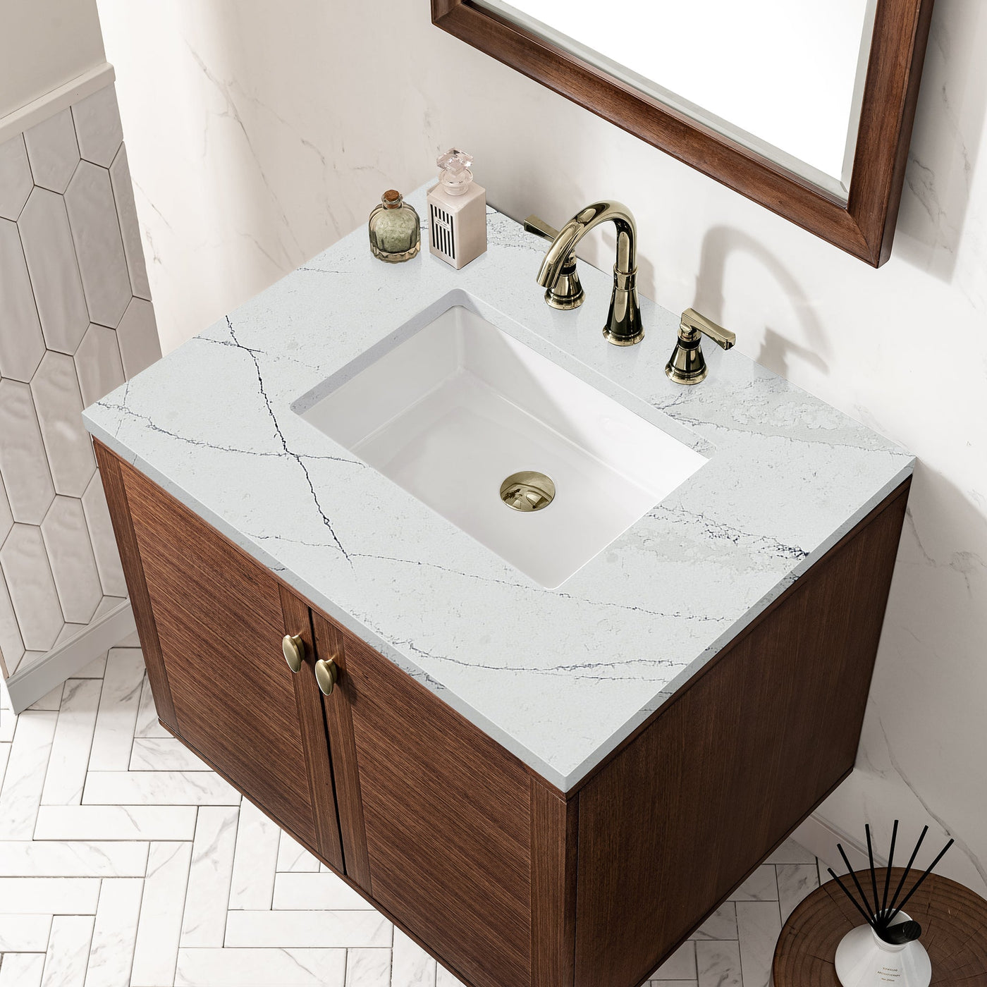 James Martin Amberly 30" Dual Mount Single Bathroom Vanity, Mid-Century Walnut with Ethereal Noctis countertop
