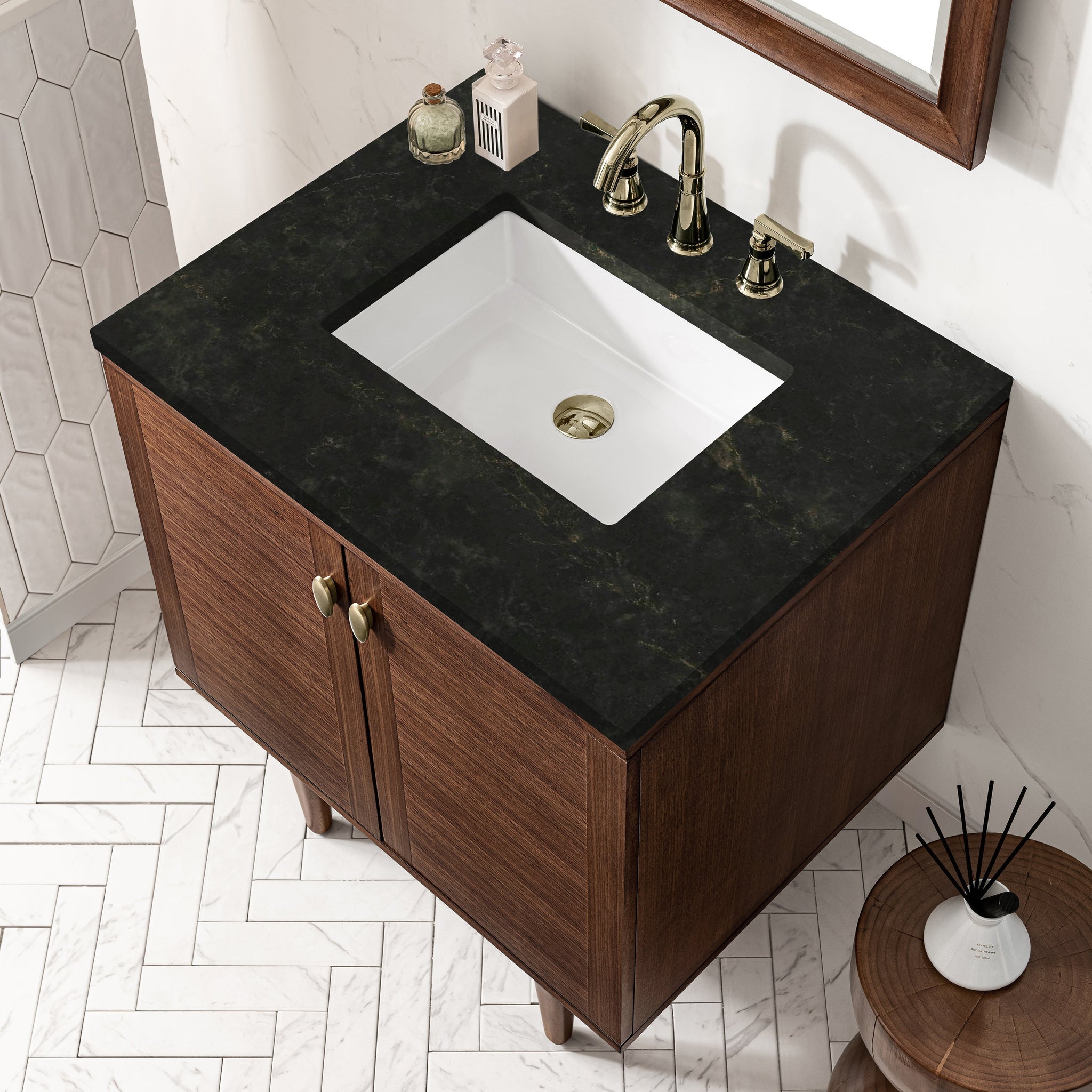 James Martin Amberly 30" Dual Mount Single Bathroom Vanity, Mid-Century Walnut with Phantome countertop