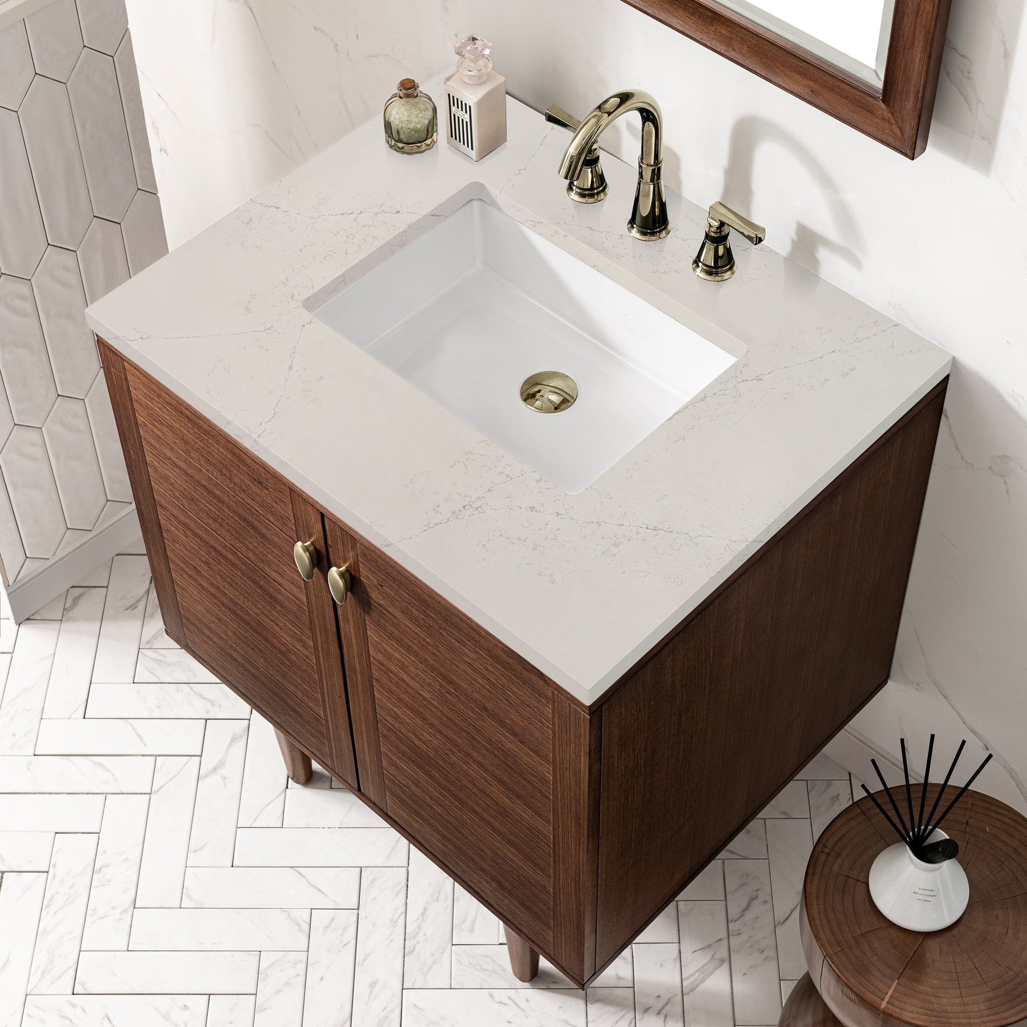 James Martin Amberly 30" Dual Mount Single Bathroom Vanity, Mid-Century Walnut with Siberian countertop