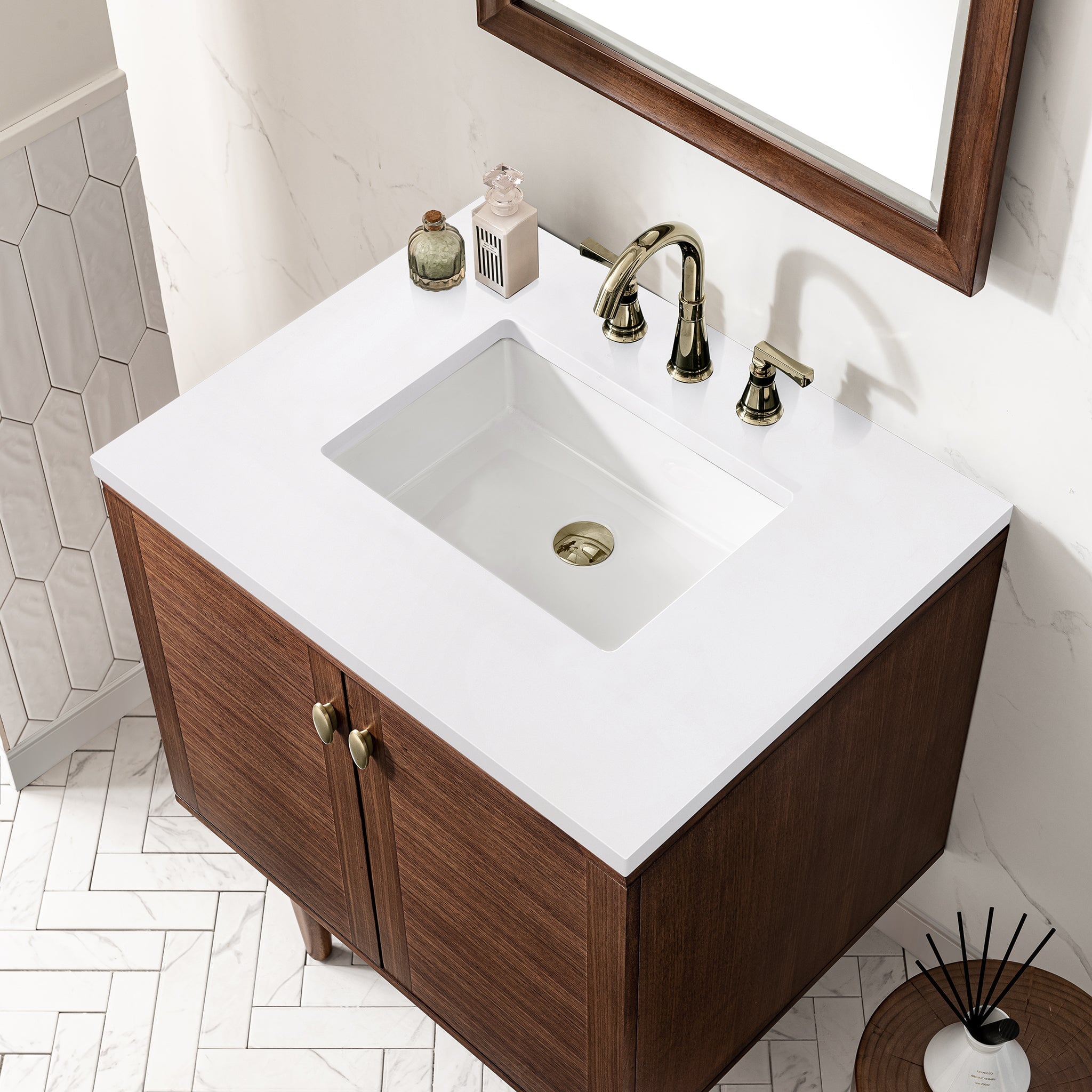 James Martin Amberly 30" Dual Mount Single Bathroom Vanity, Mid-Century Walnut with White Zeus countertop
