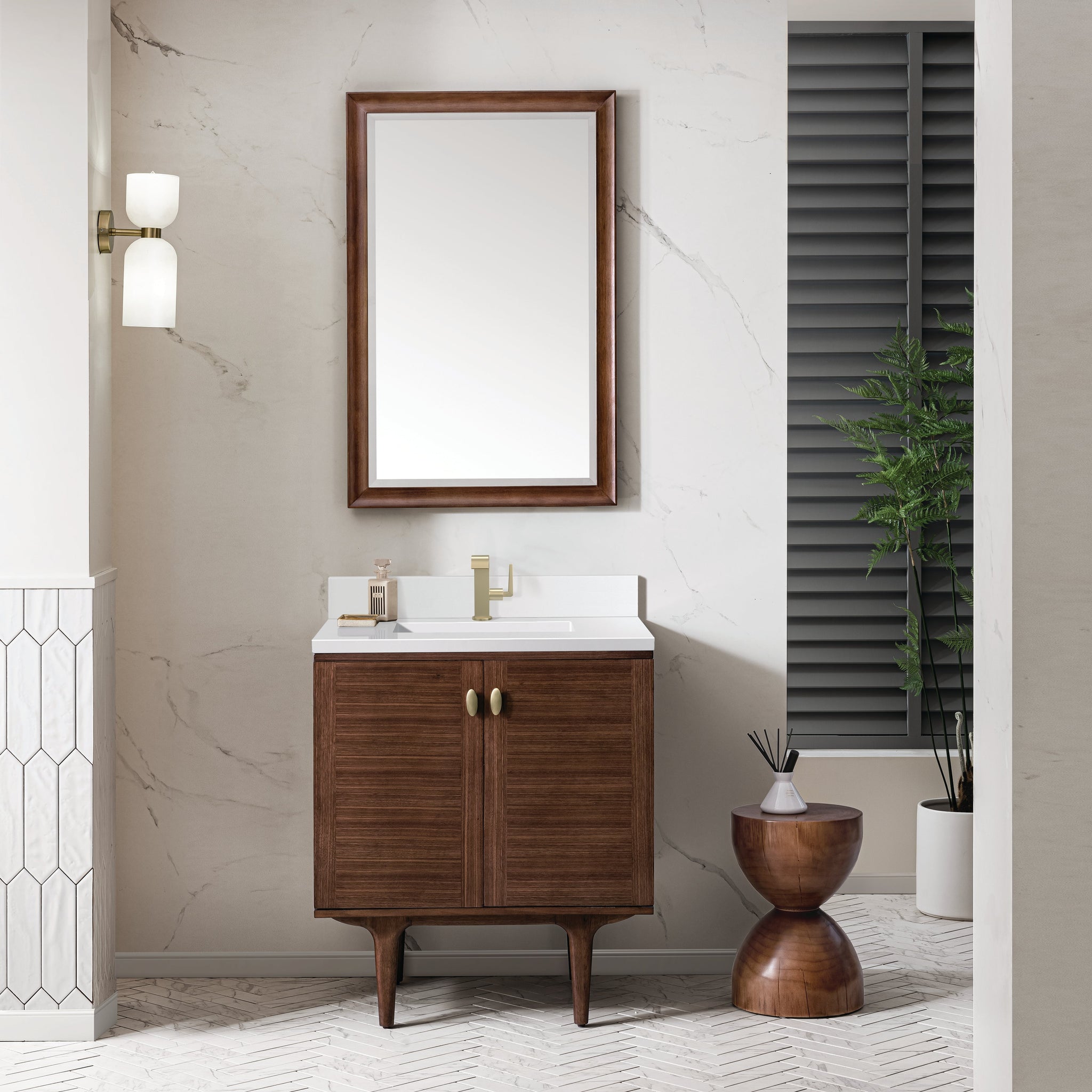 James Martin Amberly 30" Dual Mount Single Bathroom Vanity, Mid-Century Walnut with White Zeus (Single Hole, with Backsplash) countertop