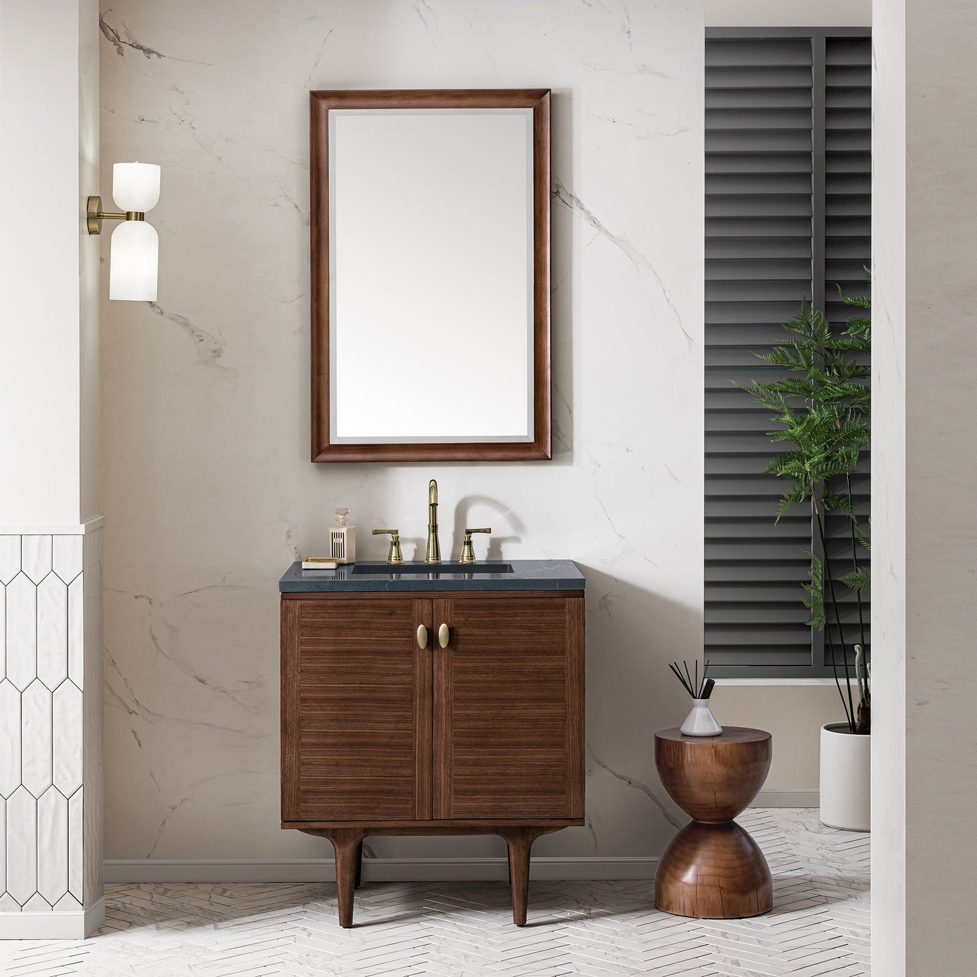 James Martin Amberly 30" Dual Mount Single Bathroom Vanity, Mid-Century Walnut, cabinet without a countertop