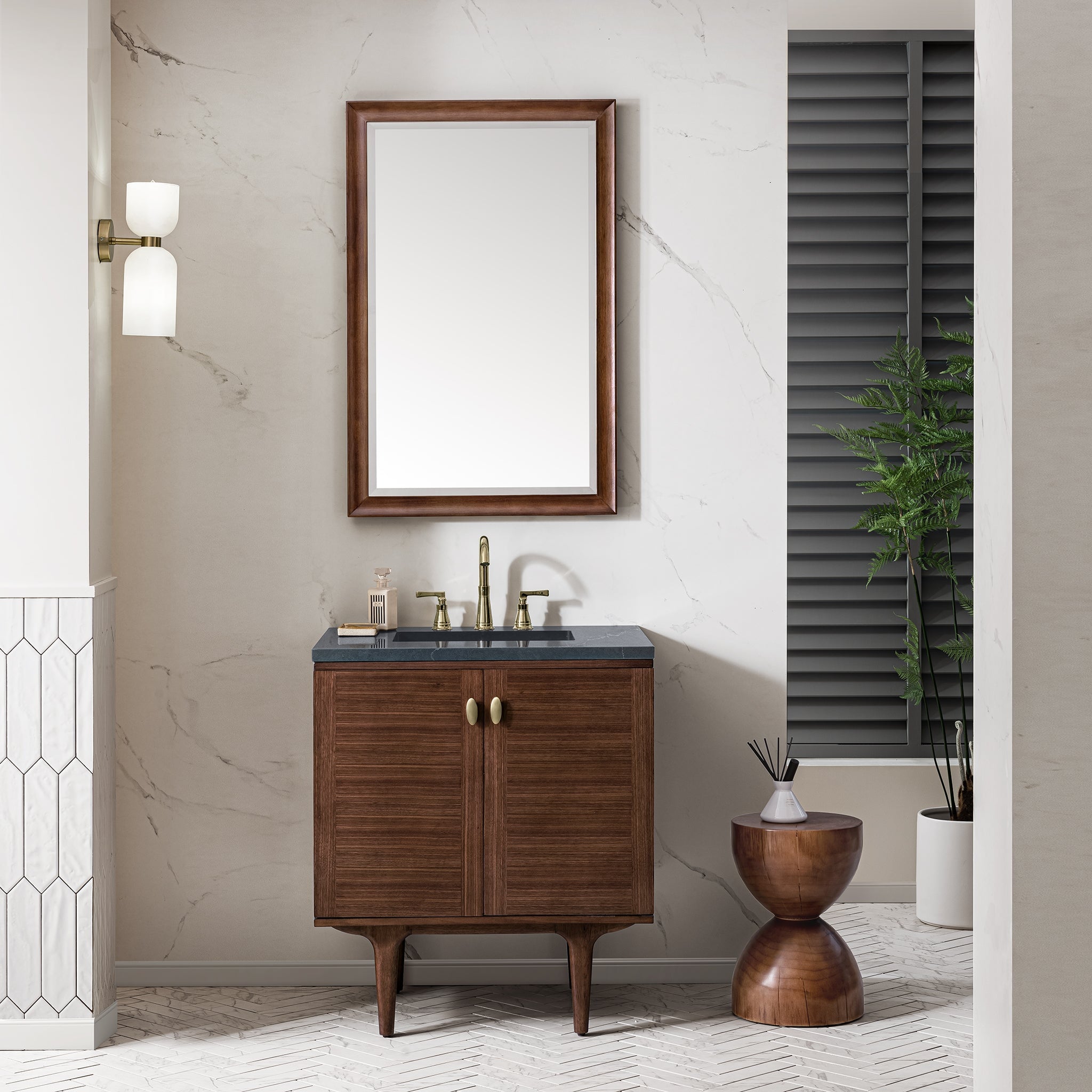James Martin Amberly 30" Dual Mount Single Bathroom Vanity, Mid-Century Walnut, cabinet without a countertop