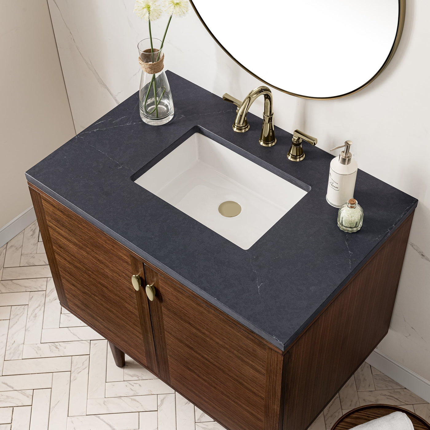 James Martin Amberly 36" Dual Mount Single Bathroom Vanity, Mid-Century Walnut with Charcoal Soapstone countertop