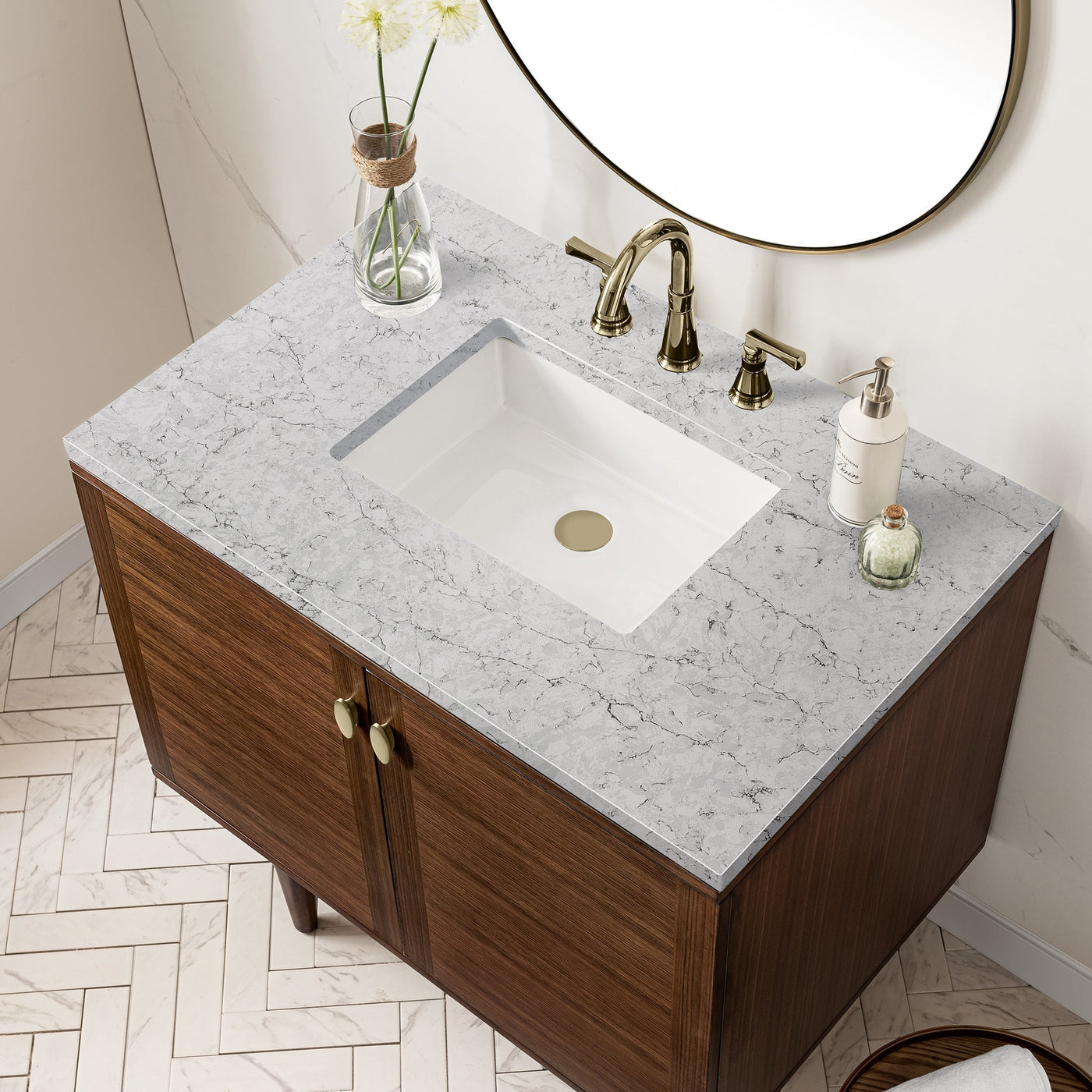 James Martin Amberly 36" Dual Mount Single Bathroom Vanity, Mid-Century Walnut with Eternal Jasmine Pearl countertop