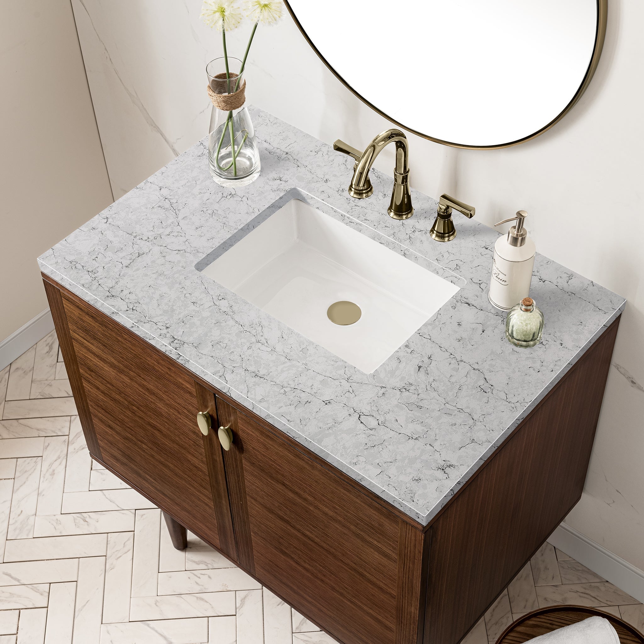 James Martin Amberly 36" Dual Mount Single Bathroom Vanity, Mid-Century Walnut with Eternal Jasmine Pearl countertop