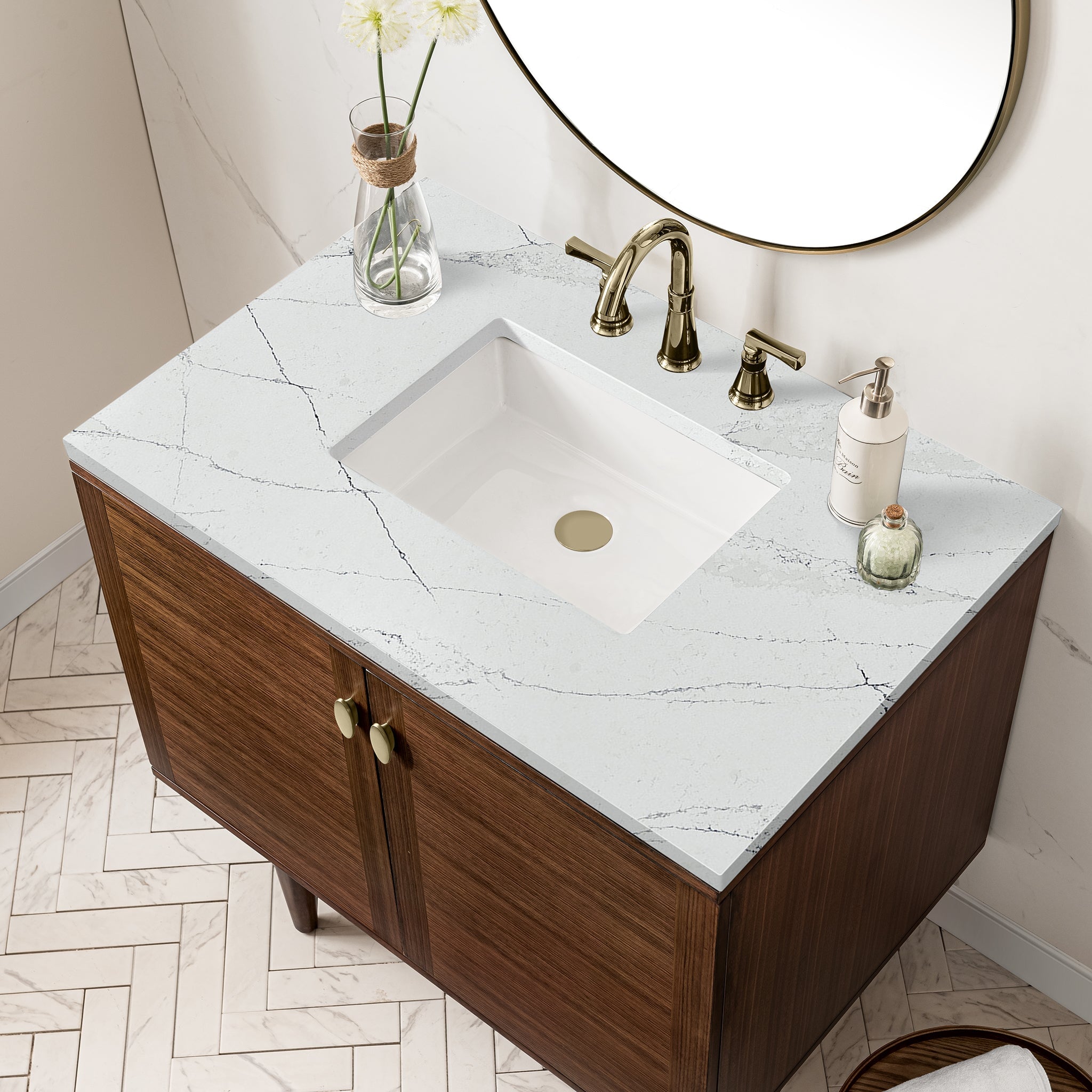 James Martin Amberly 36" Dual Mount Single Bathroom Vanity, Mid-Century Walnut with Ethereal Noctis countertop