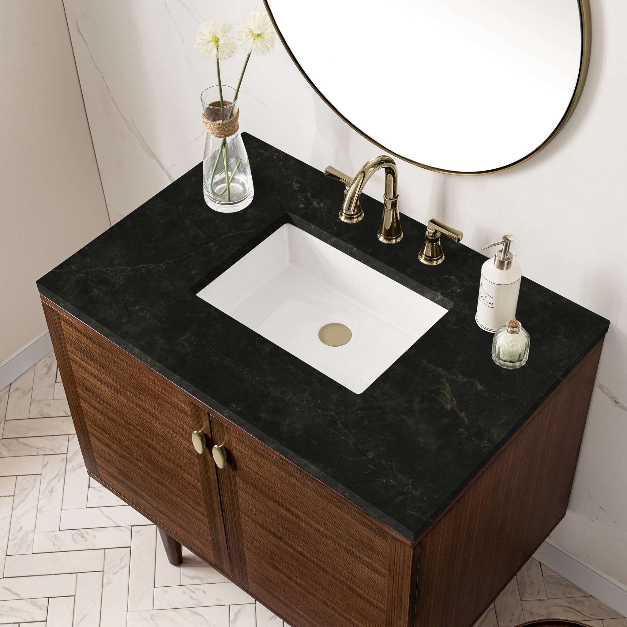 James Martin Amberly 36" Dual Mount Single Bathroom Vanity, Mid-Century Walnut with Phantome countertop