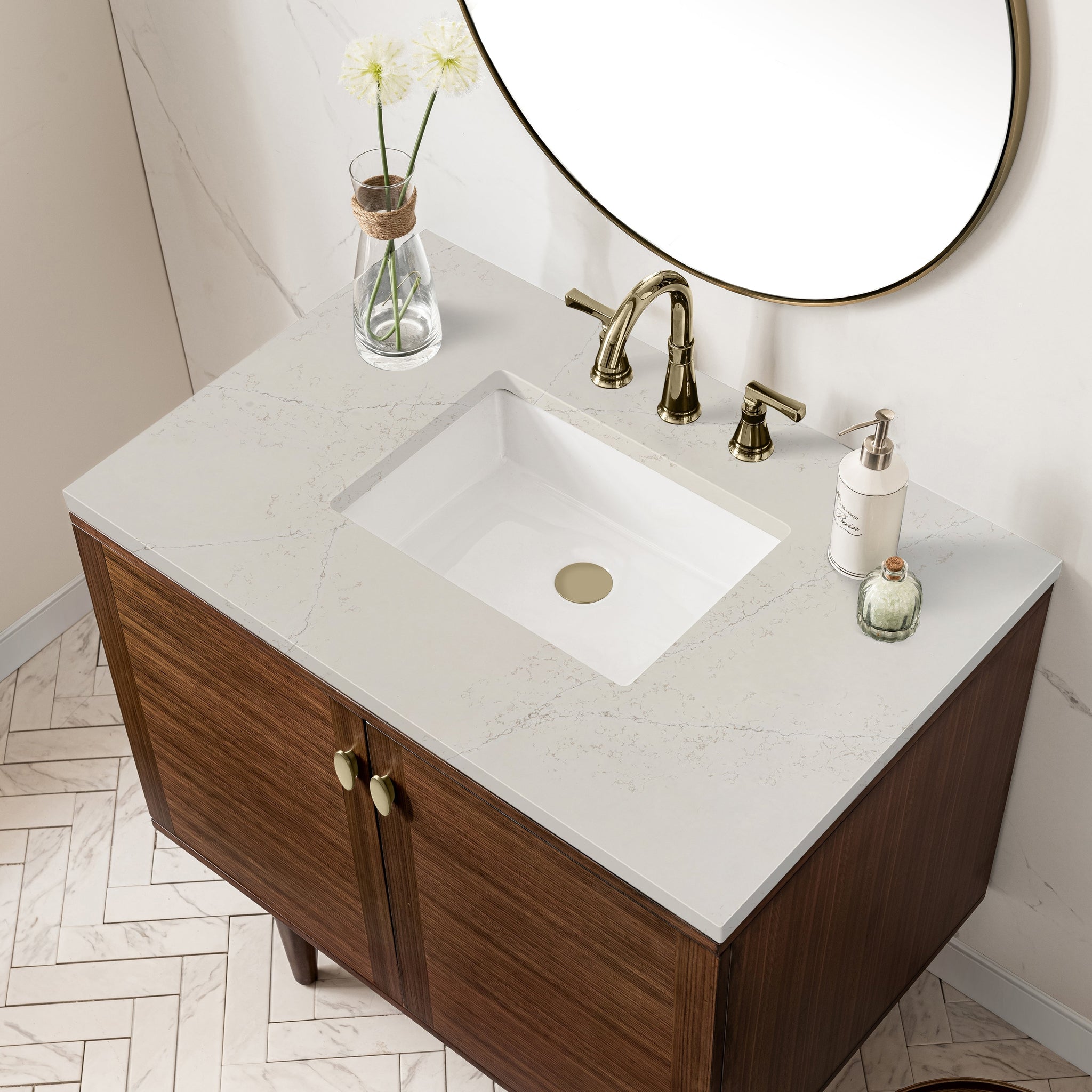 James Martin Amberly 36" Dual Mount Single Bathroom Vanity, Mid-Century Walnut with Siberian countertop