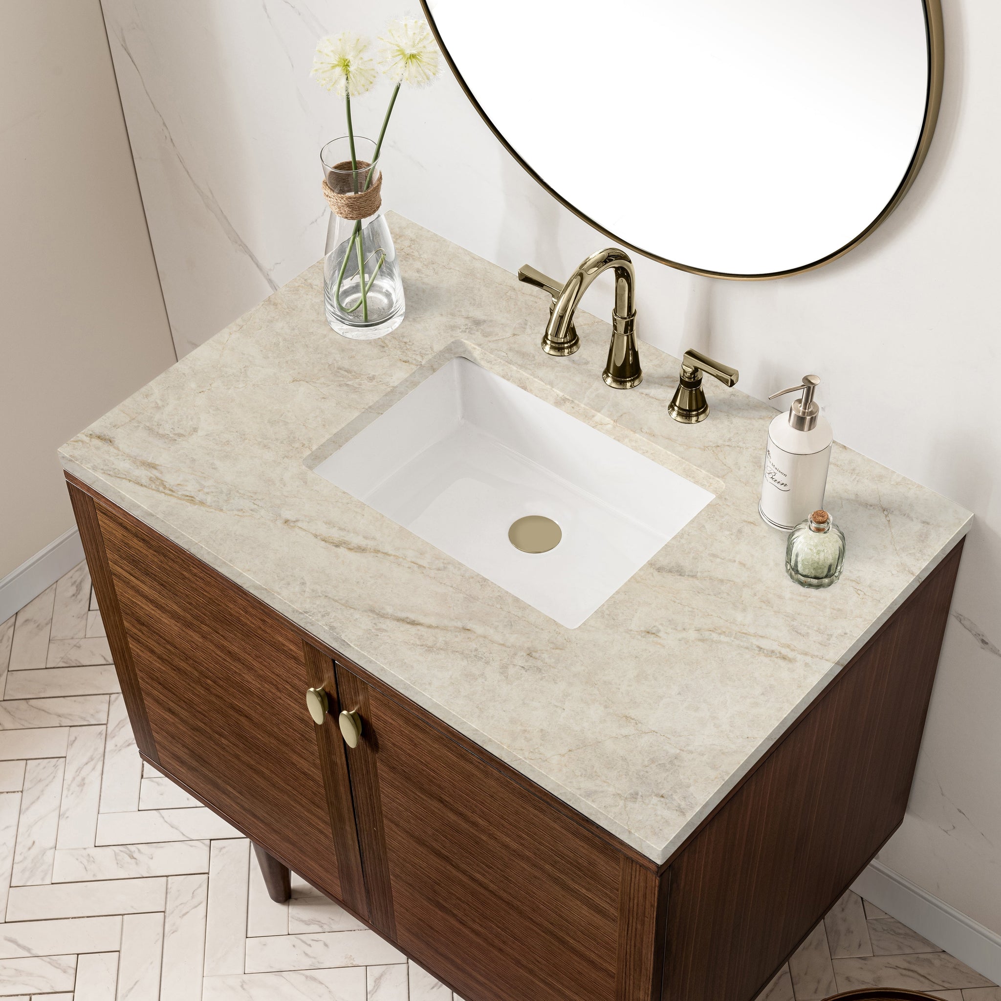 James Martin Amberly 36" Dual Mount Single Bathroom Vanity, Mid-Century Walnut with Tajnar countertop