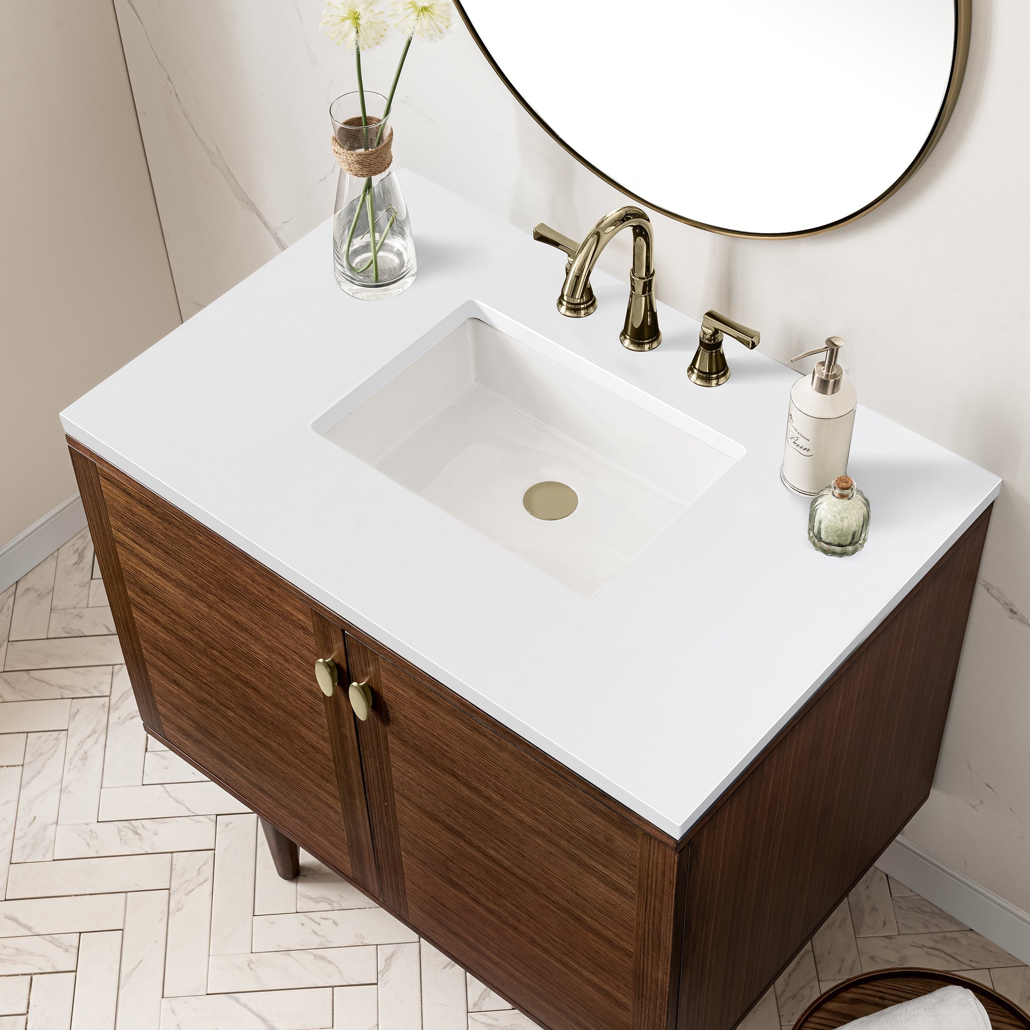 James Martin Amberly 36" Dual Mount Single Bathroom Vanity, Mid-Century Walnut with White Zeus countertop