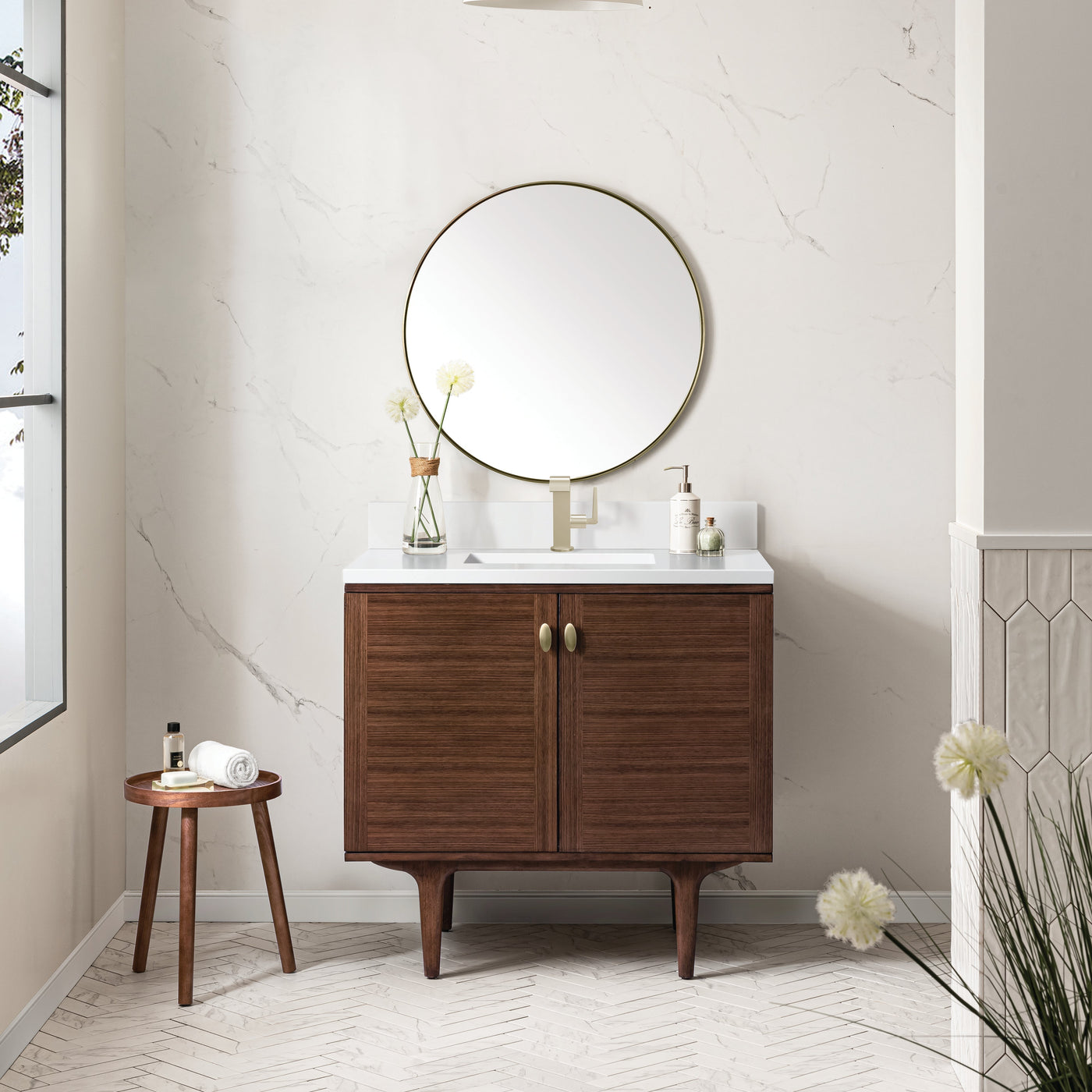 James Martin Amberly 36" Dual Mount Single Bathroom Vanity, Mid-Century Walnut with White Zeus (Single Hole, with Backsplash) countertop