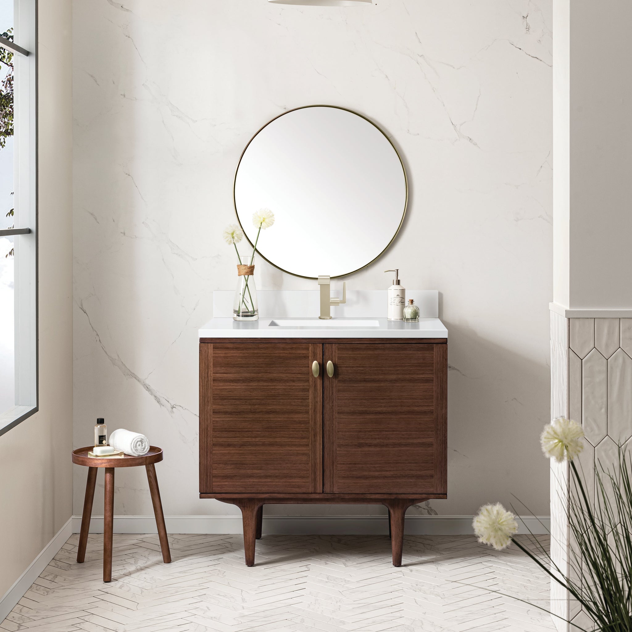 James Martin Amberly 36" Dual Mount Single Bathroom Vanity, Mid-Century Walnut with White Zeus (Single Hole, with Backsplash) countertop