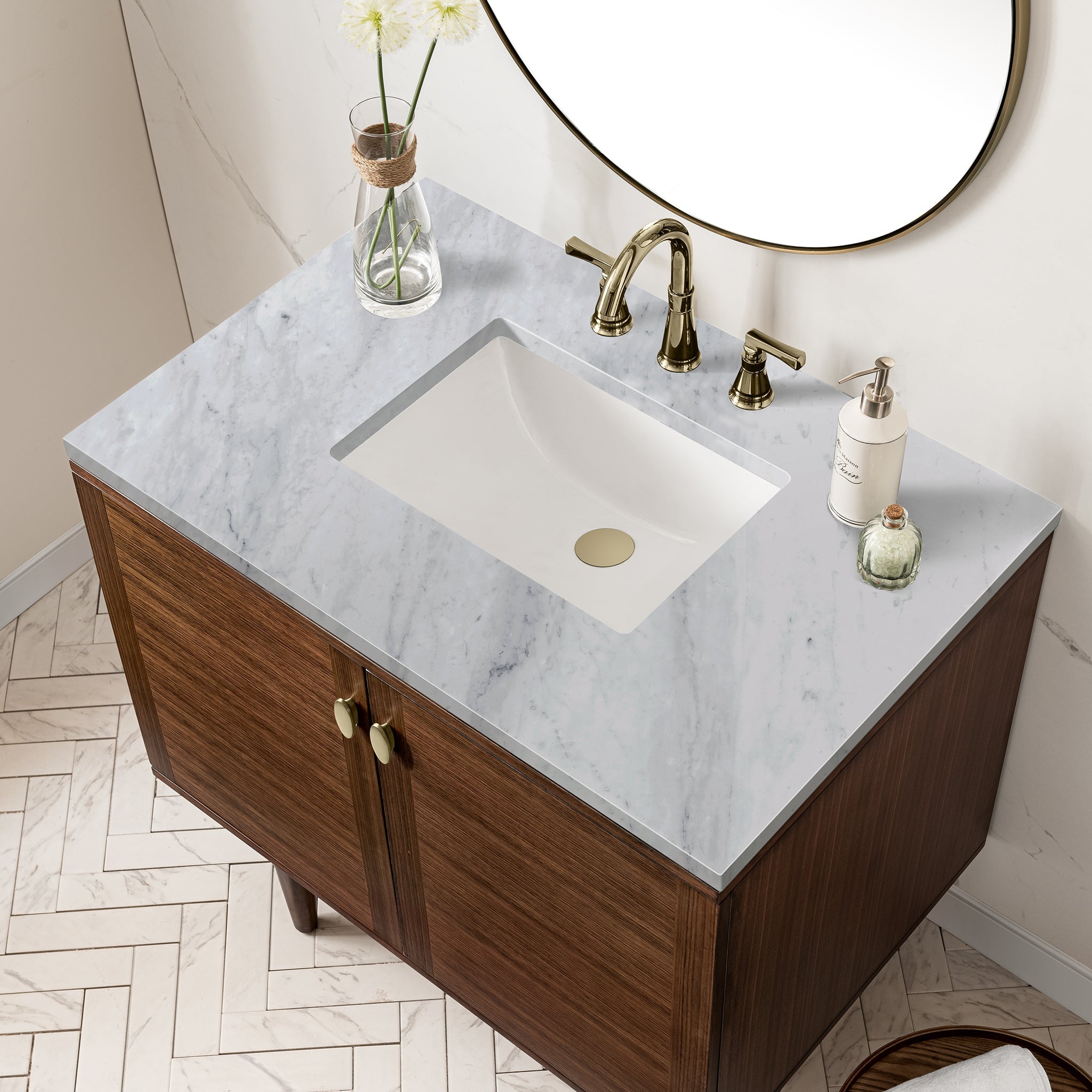 James Martin Amberly 36" Dual Mount Single Bathroom Vanity, Mid-Century Walnut with Carrara White countertop