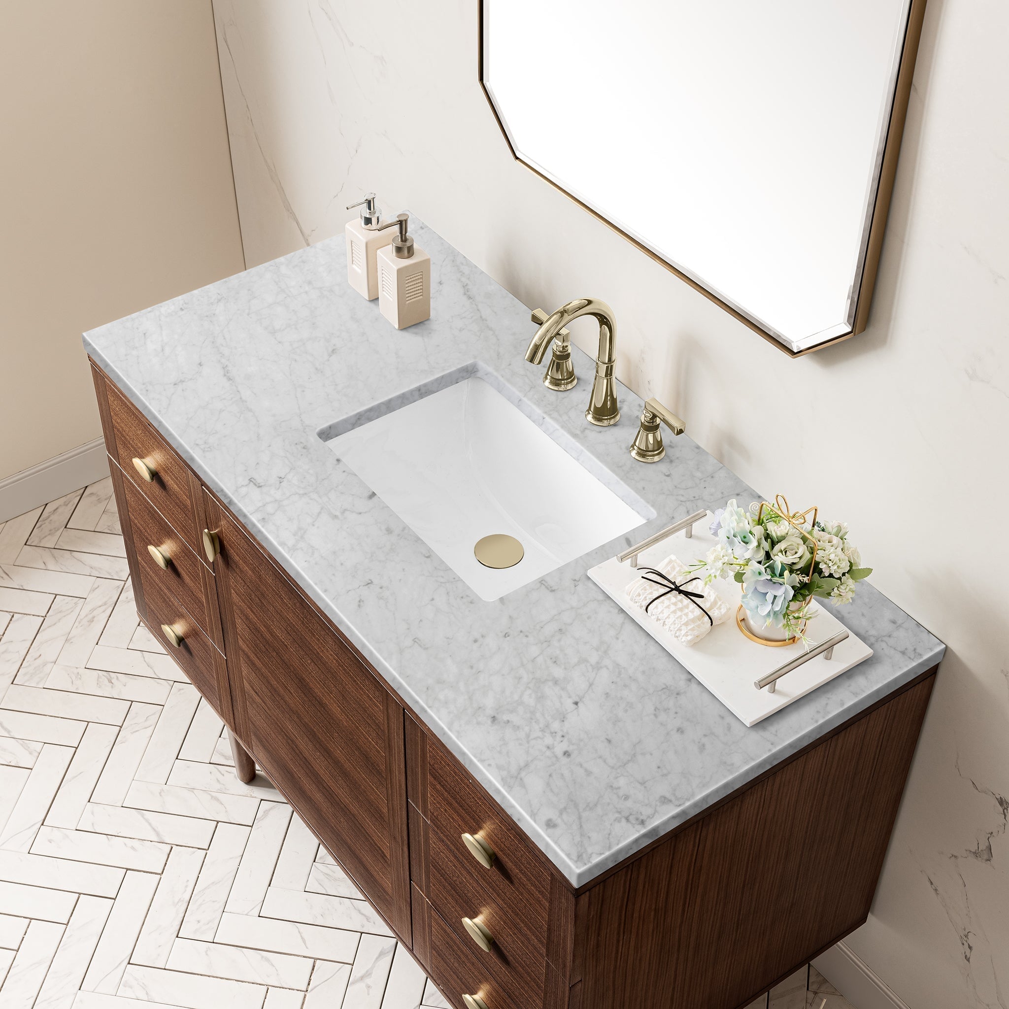 James Martin Amberly 48" Dual Mount Single Bathroom Vanity, Mid-Century Walnut with Carrara White countertop