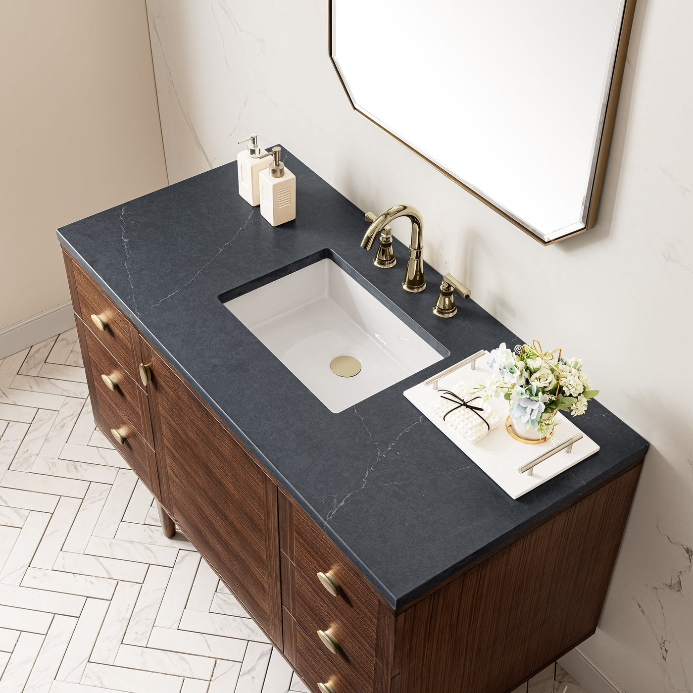 James Martin Amberly 48" Dual Mount Single Bathroom Vanity, Mid-Century Walnut with Charcoal Soapstone countertop