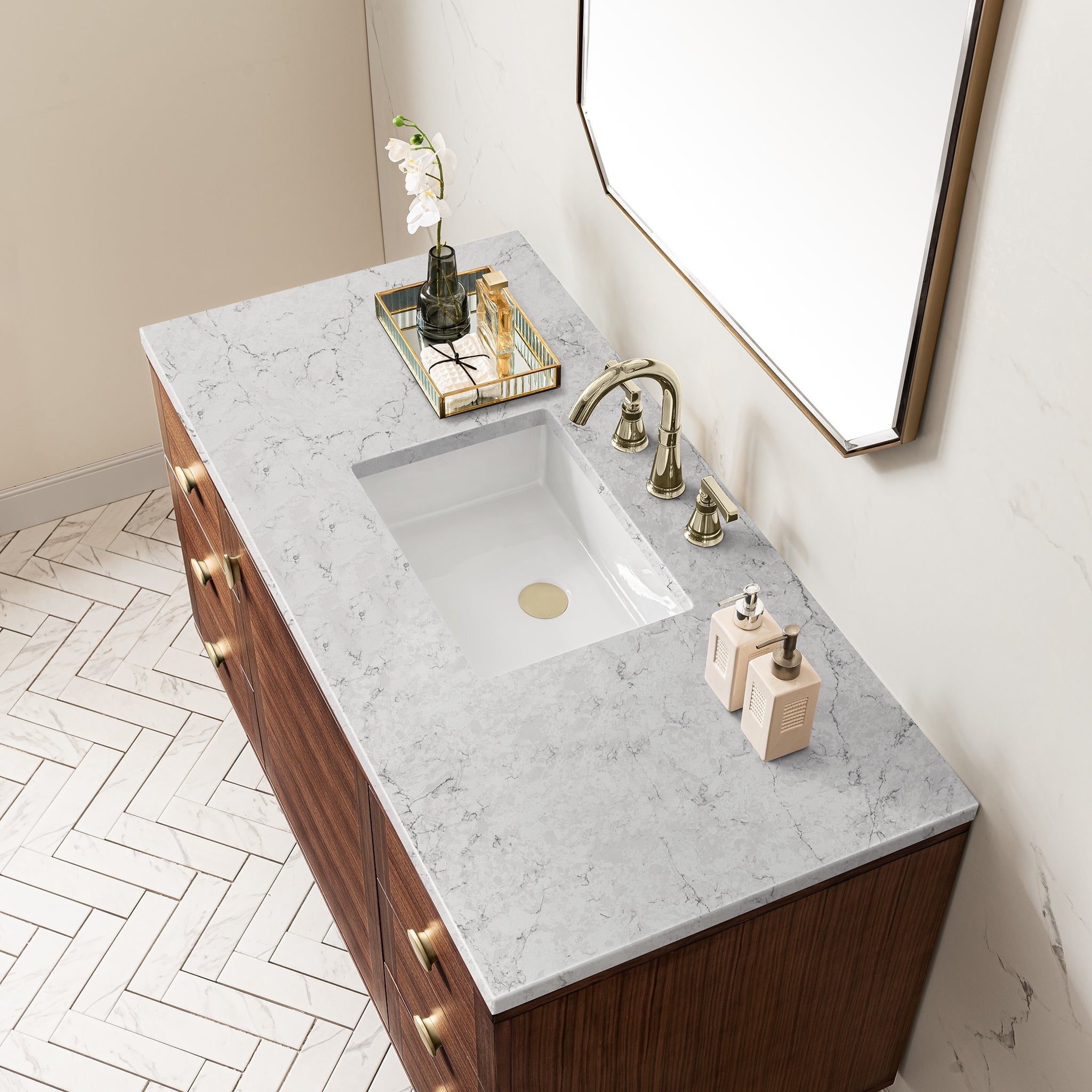 James Martin Amberly 48" Dual Mount Single Bathroom Vanity, Mid-Century Walnut with Eternal Jasmine Pearl countertop