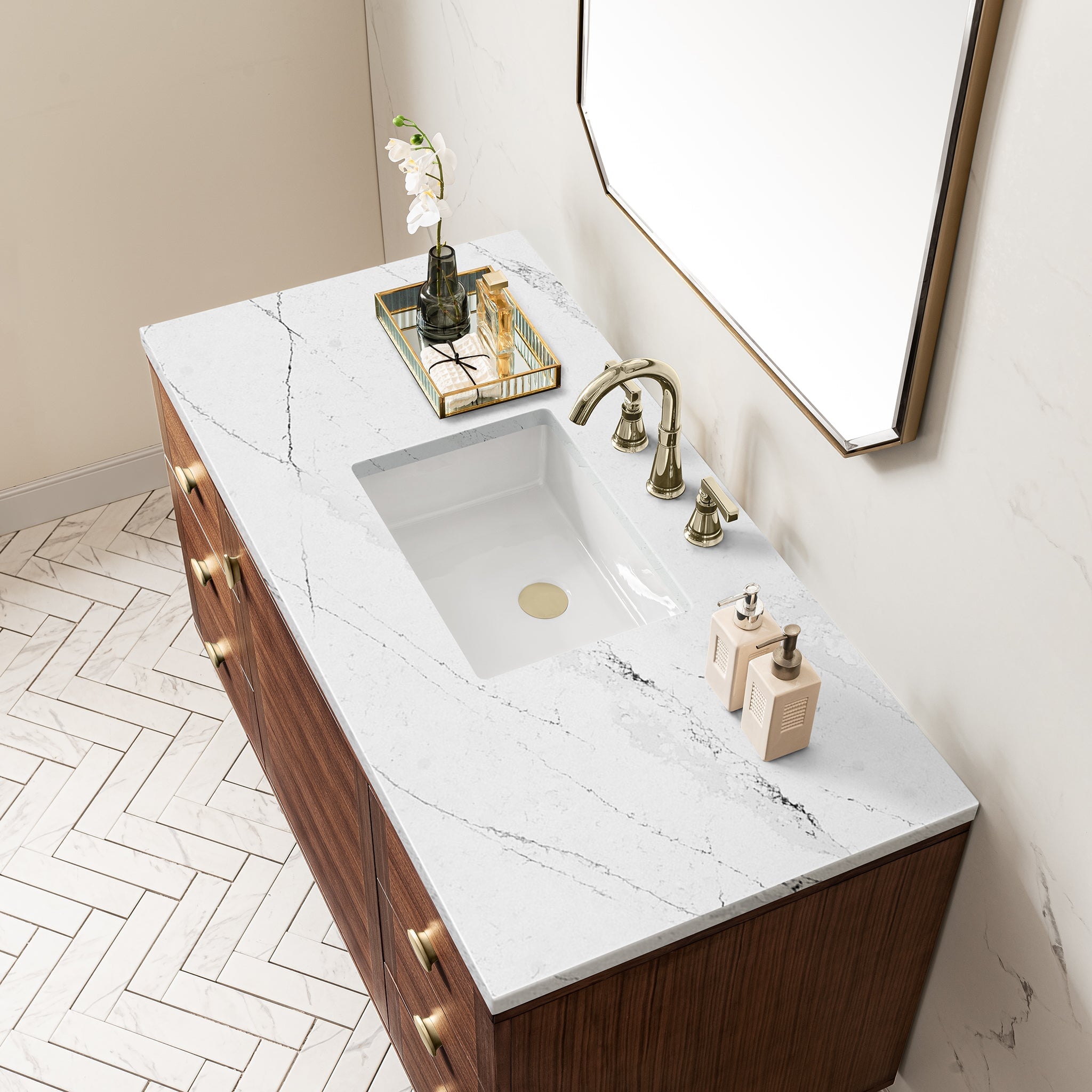 James Martin Amberly 48" Dual Mount Single Bathroom Vanity, Mid-Century Walnut with Ethereal Noctis countertop