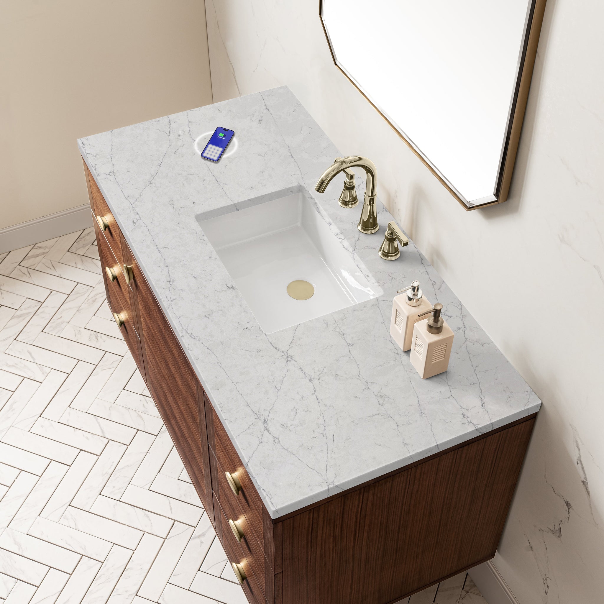 James Martin Amberly 48" Dual Mount Single Bathroom Vanity, Mid-Century Walnut with Eternal Jasmine Pearl (FreePower) countertop