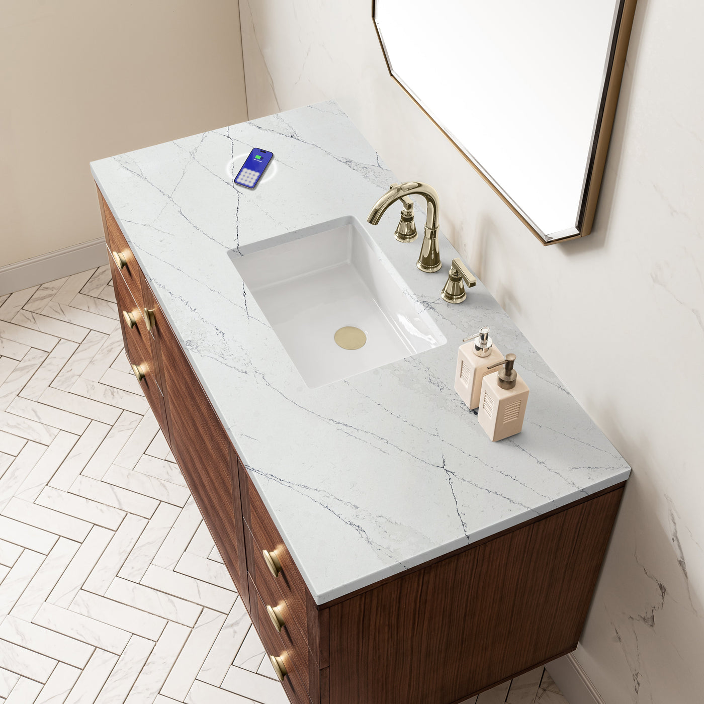 James Martin Amberly 48" Dual Mount Single Bathroom Vanity, Mid-Century Walnut with Ethereal Noctis (FreePower) countertop