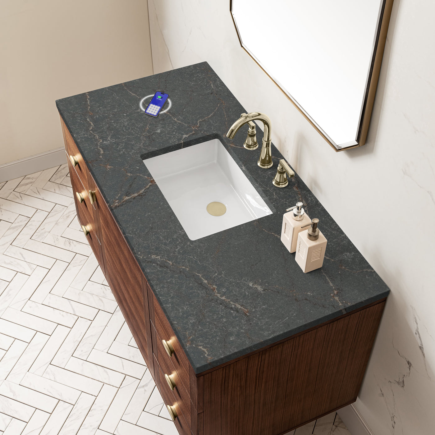 James Martin Amberly 48" Dual Mount Single Bathroom Vanity, Mid-Century Walnut with Parisien Bleu (FreePower) countertop