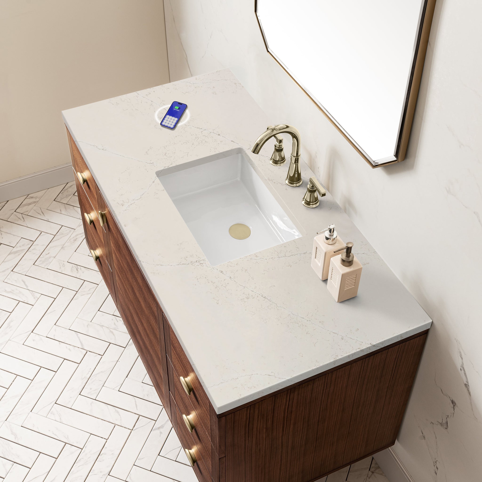 James Martin Amberly 48" Dual Mount Single Bathroom Vanity, Mid-Century Walnut with Siberian (FreePower) countertop