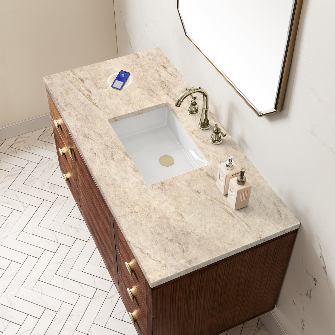 James Martin Amberly 48" Dual Mount Single Bathroom Vanity, Mid-Century Walnut with Tajnar (FreePower) countertop