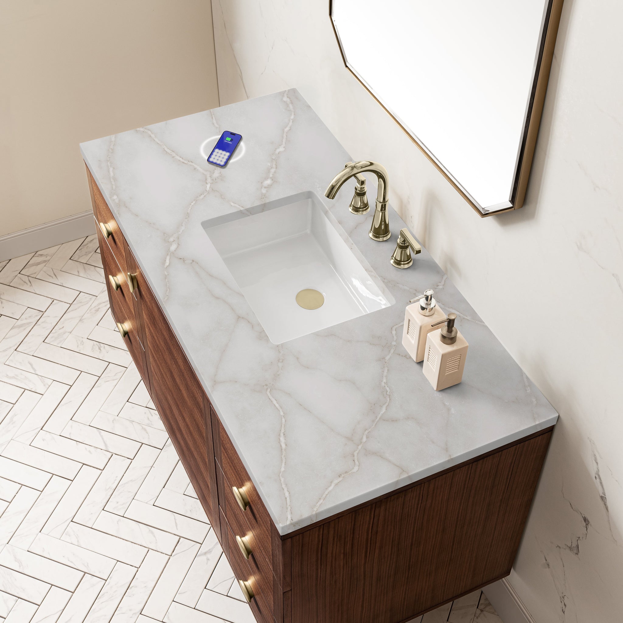 James Martin Amberly 48" Dual Mount Single Bathroom Vanity, Mid-Century Walnut with Victorian Silver (FreePower) countertop
