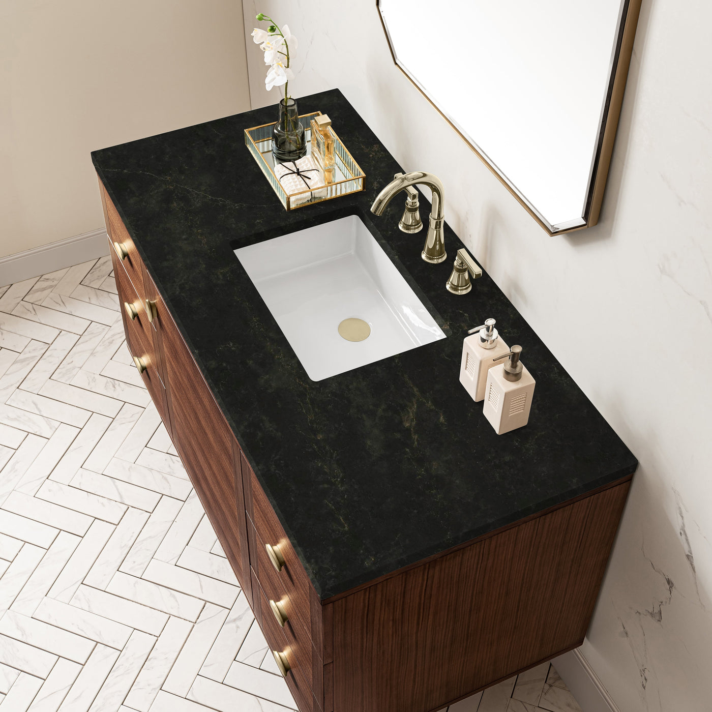 James Martin Amberly 48" Dual Mount Single Bathroom Vanity, Mid-Century Walnut with Phantome countertop