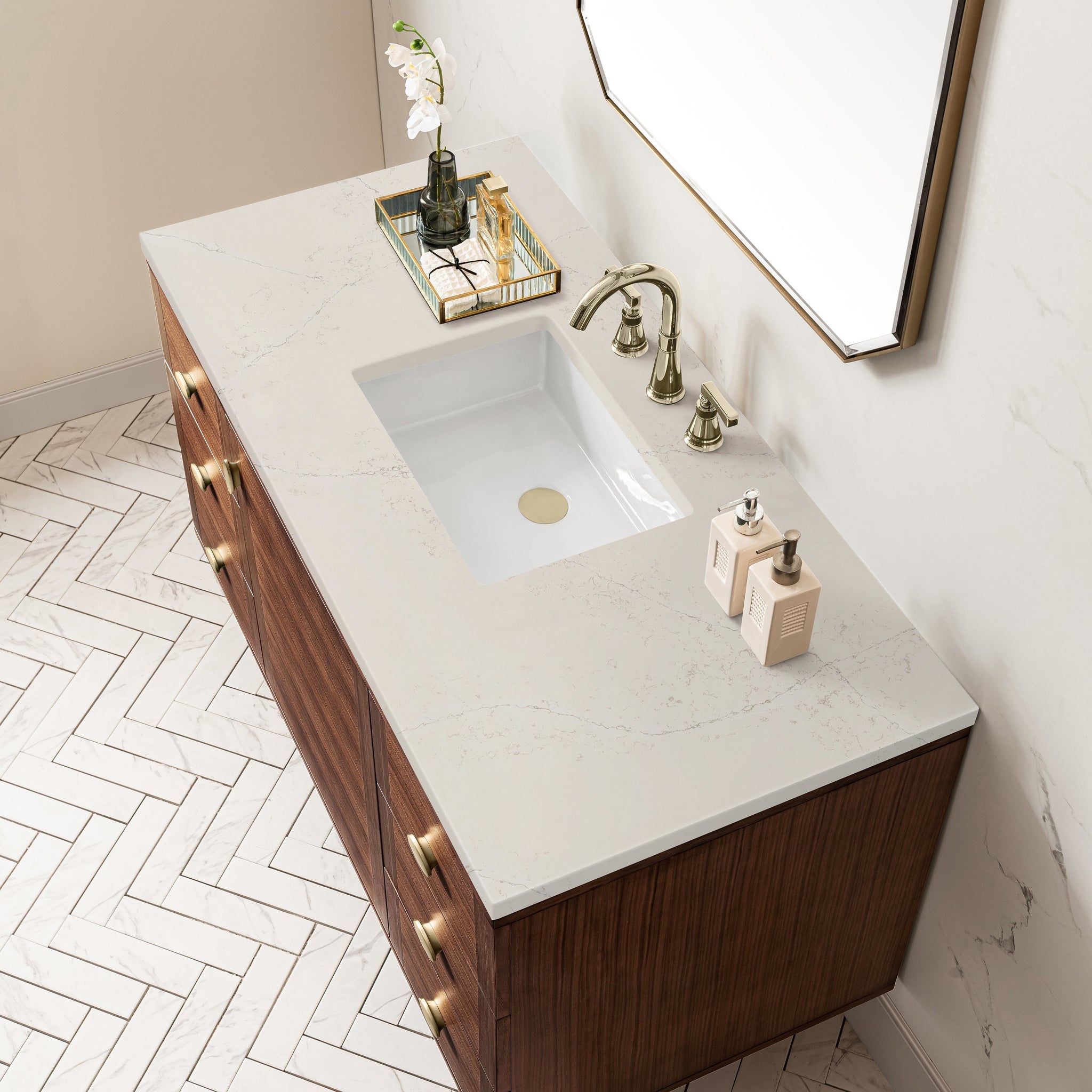 James Martin Amberly 48" Dual Mount Single Bathroom Vanity, Mid-Century Walnut with Siberian countertop
