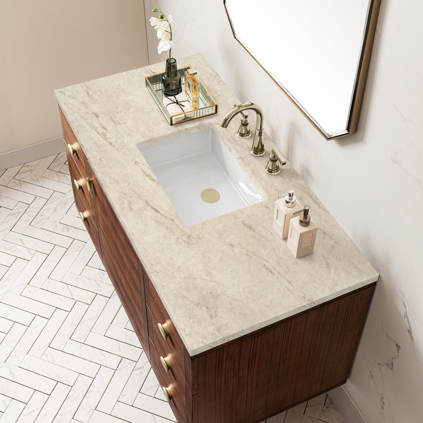 James Martin Amberly 48" Dual Mount Single Bathroom Vanity, Mid-Century Walnut with Tajnar countertop