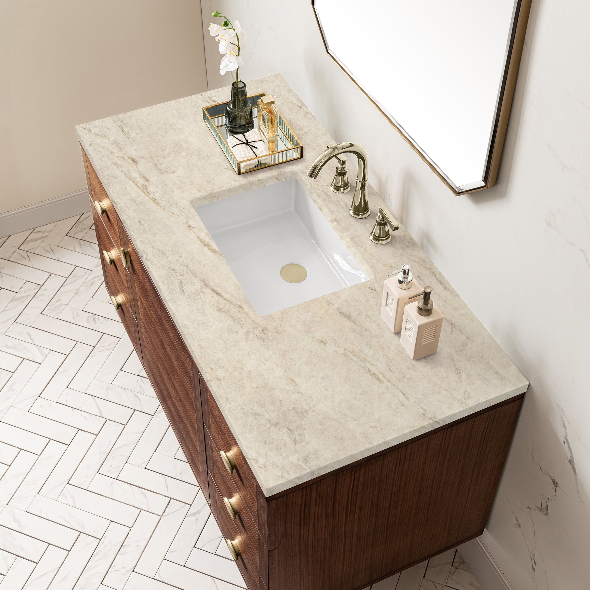 James Martin Amberly 48" Dual Mount Single Bathroom Vanity, Mid-Century Walnut with Tajnar countertop