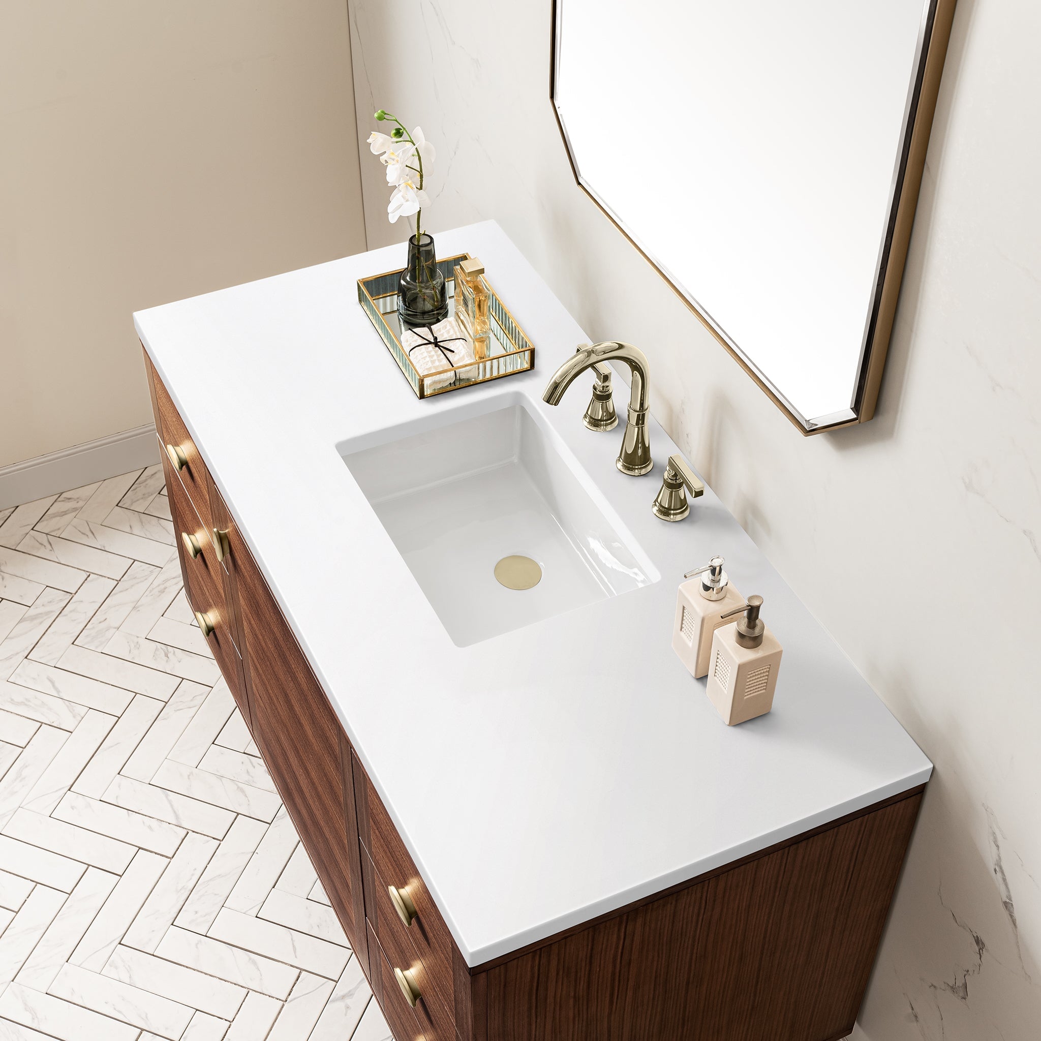James Martin Amberly 48" Dual Mount Single Bathroom Vanity, Mid-Century Walnut with White Zeus countertop