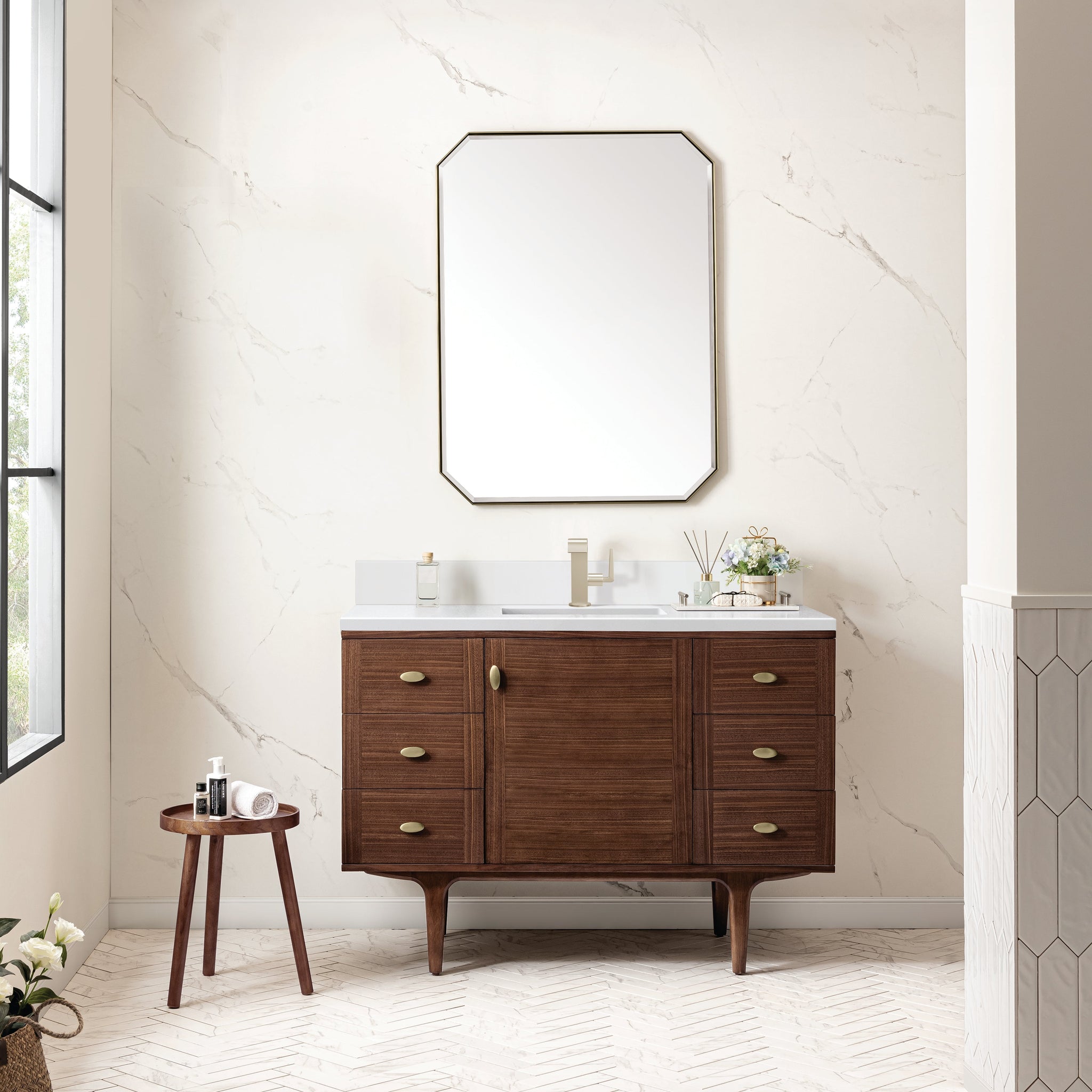 James Martin Amberly 48" Dual Mount Single Bathroom Vanity, Mid-Century Walnut with White Zeus (Single Hole, with Backsplash) countertop
