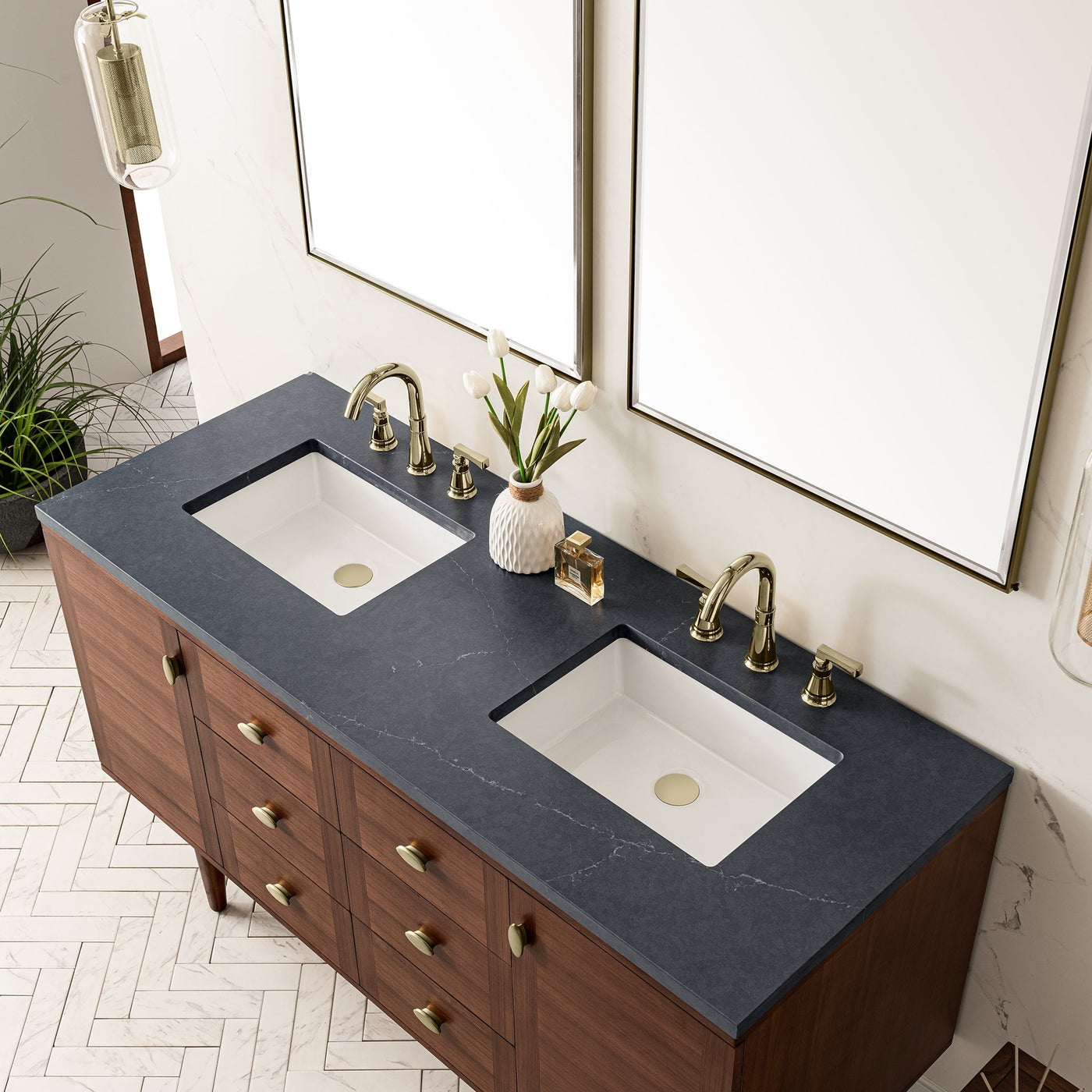 James Martin Amberly 60" Dual Mount Double Bathroom Vanity, Mid-Century Walnut with Charcoal Soapstone countertop
