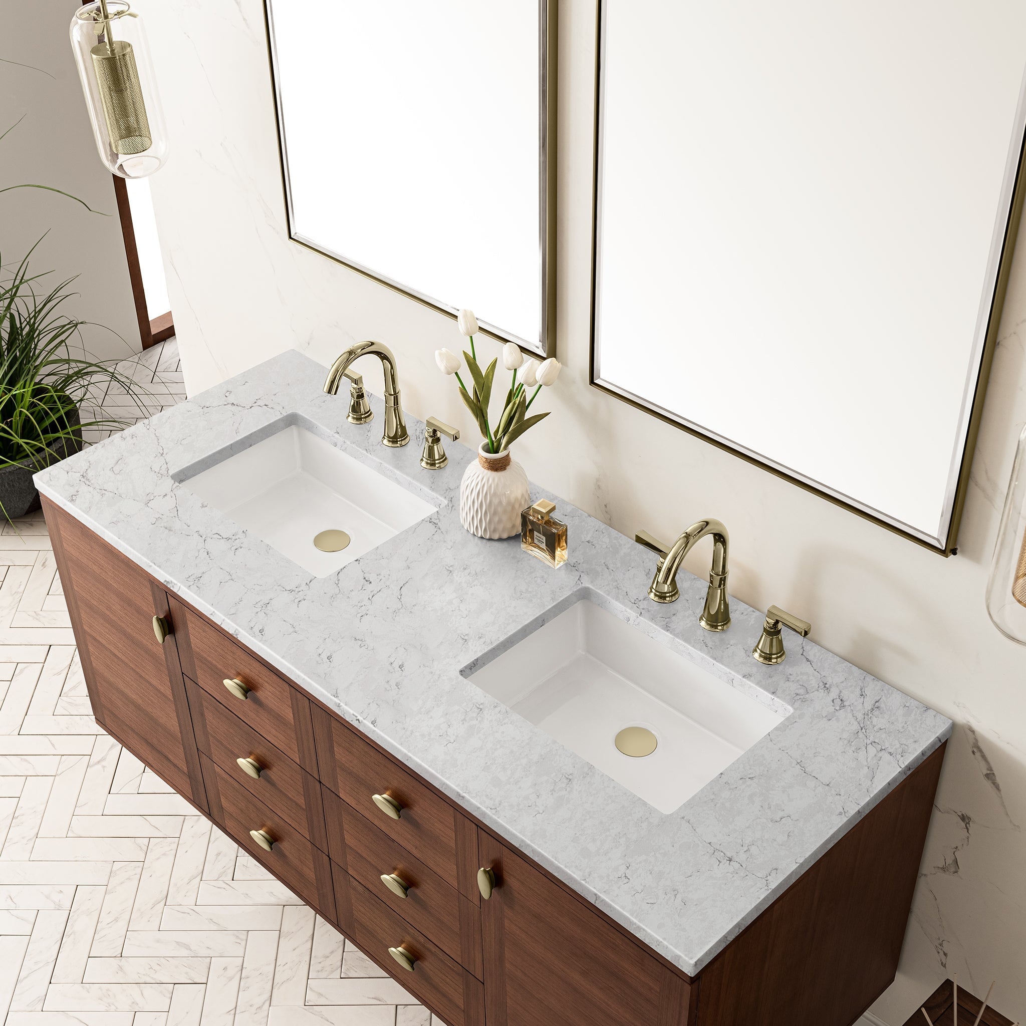 James Martin Amberly 60" Dual Mount Double Bathroom Vanity, Mid-Century Walnut with Eternal Jasmine Pearl countertop