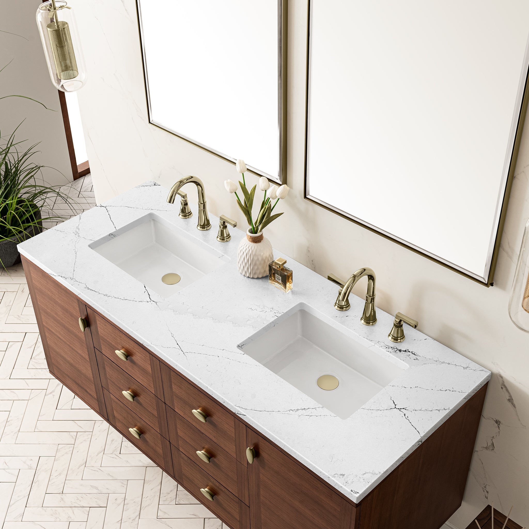 James Martin Amberly 60" Dual Mount Double Bathroom Vanity, Mid-Century Walnut with Ethereal Noctis countertop