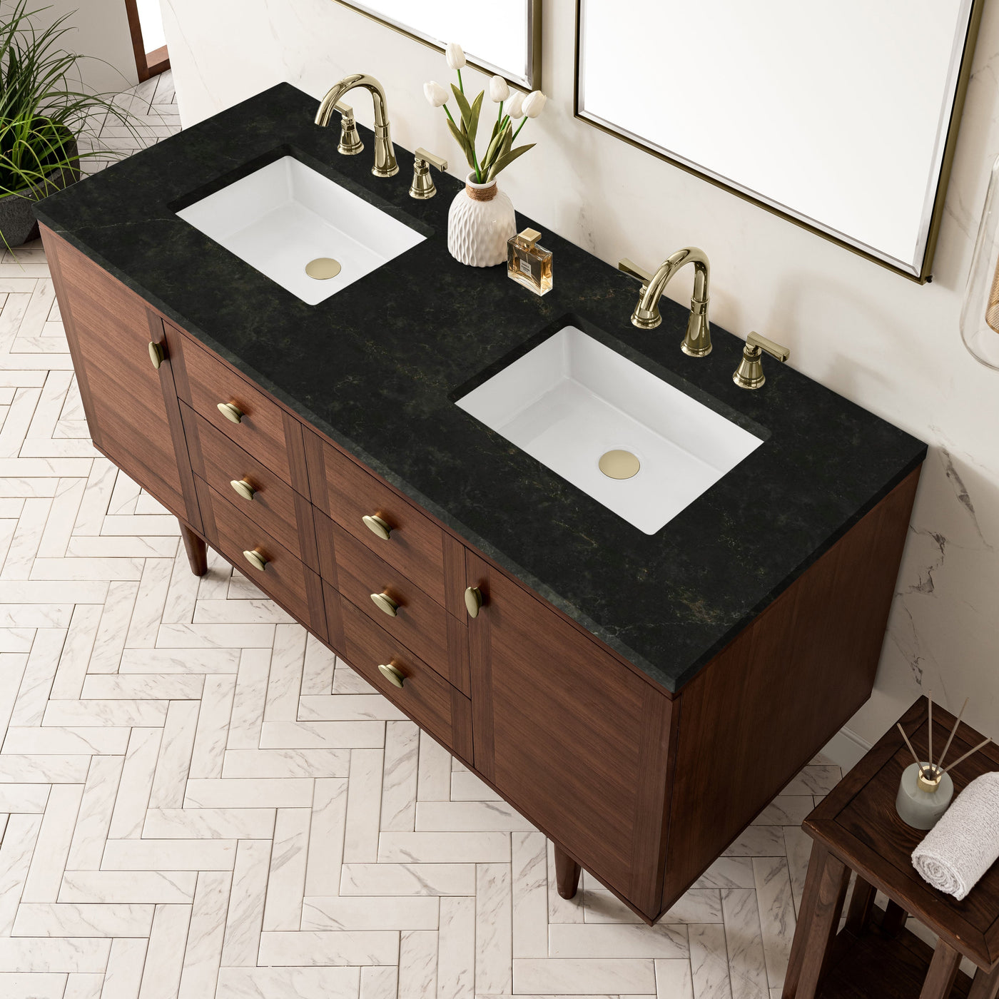 James Martin Amberly 60" Dual Mount Double Bathroom Vanity, Mid-Century Walnut with Phantome countertop