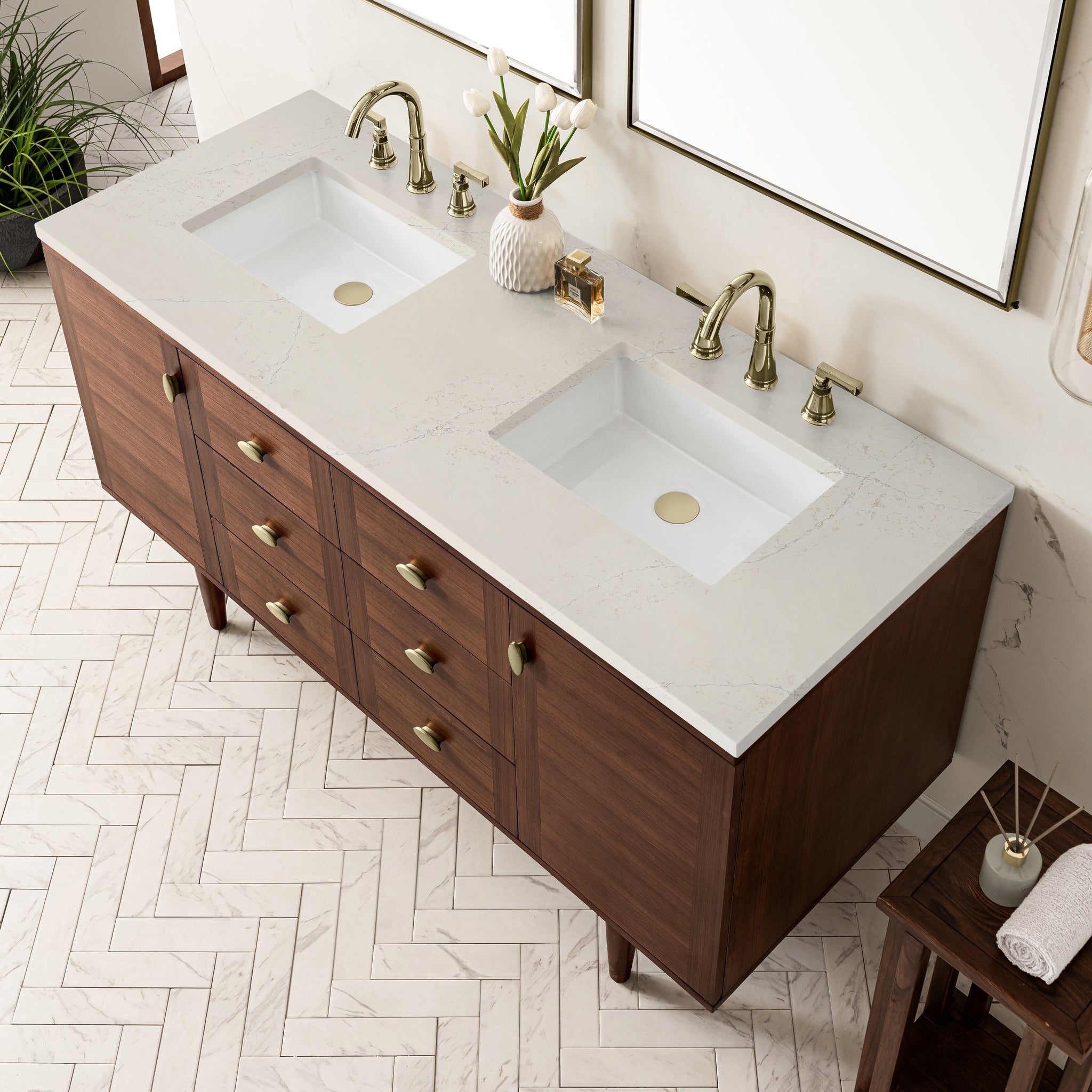 James Martin Amberly 60" Dual Mount Double Bathroom Vanity, Mid-Century Walnut with Siberian countertop