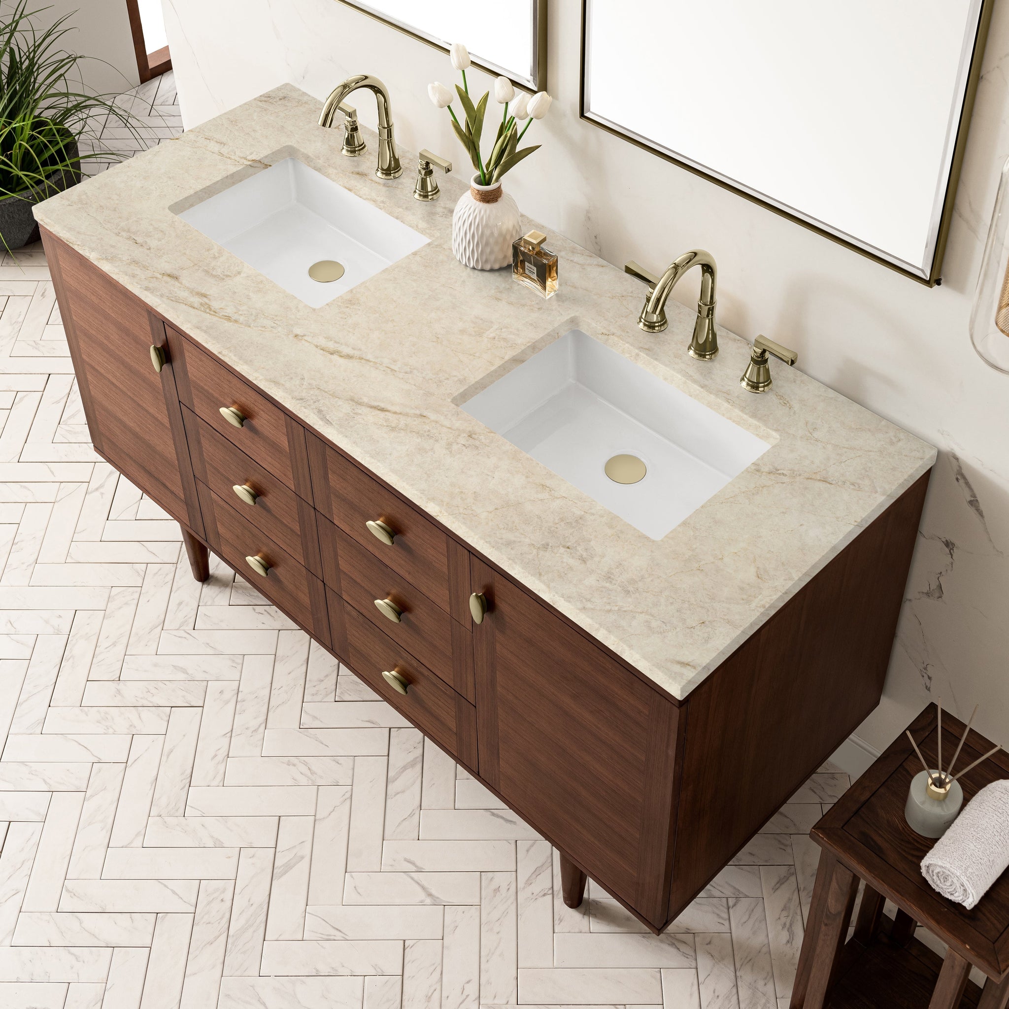 James Martin Amberly 60" Dual Mount Double Bathroom Vanity, Mid-Century Walnut with Tajnar countertop