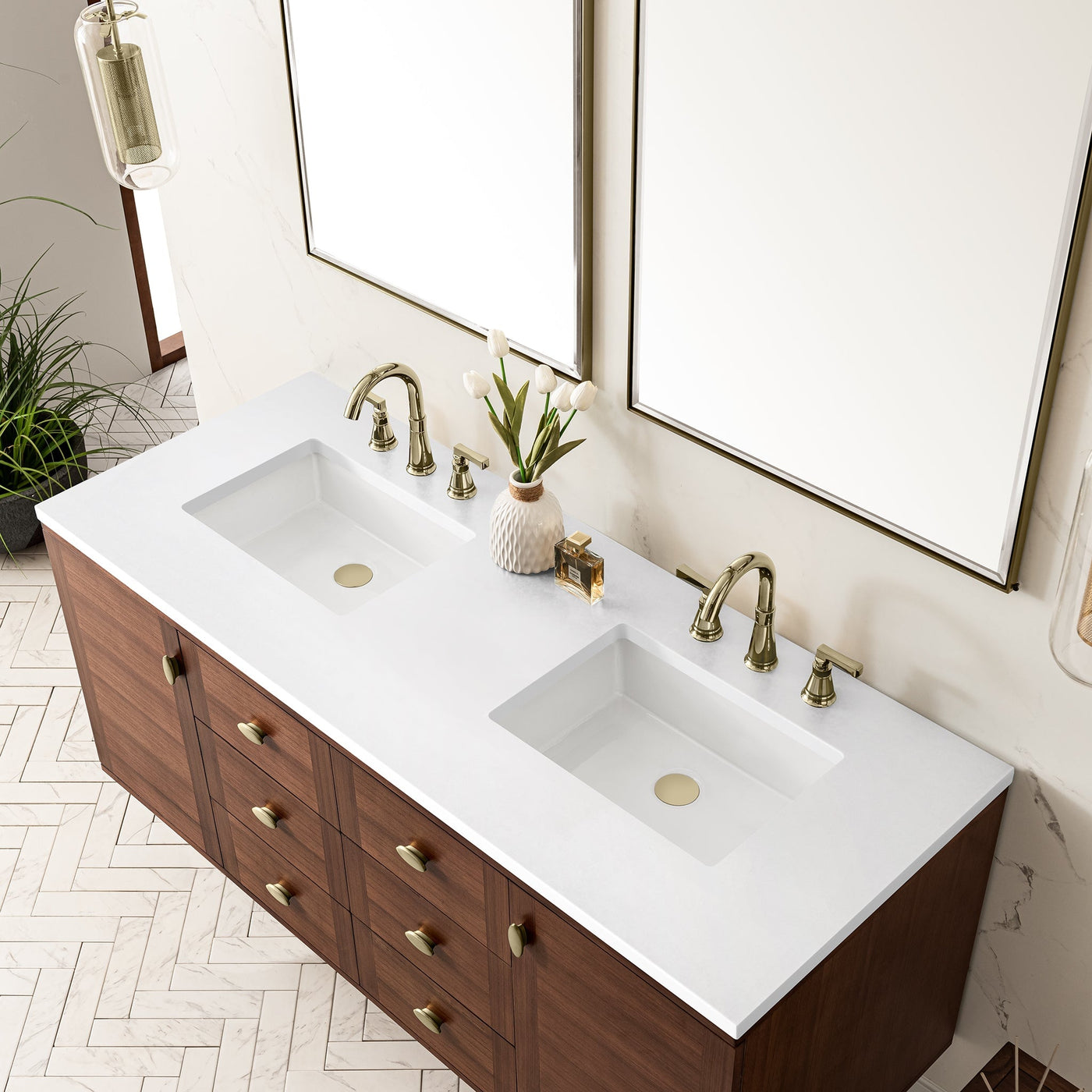 James Martin Amberly 60" Dual Mount Double Bathroom Vanity, Mid-Century Walnut with White Zeus countertop