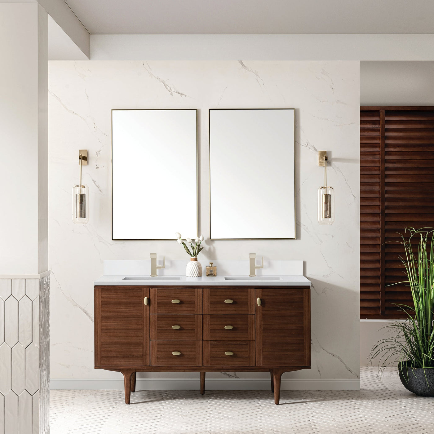 James Martin Amberly 60" Dual Mount Double Bathroom Vanity, Mid-Century Walnut with White Zeus (Single Hole, with Backsplash) countertop
