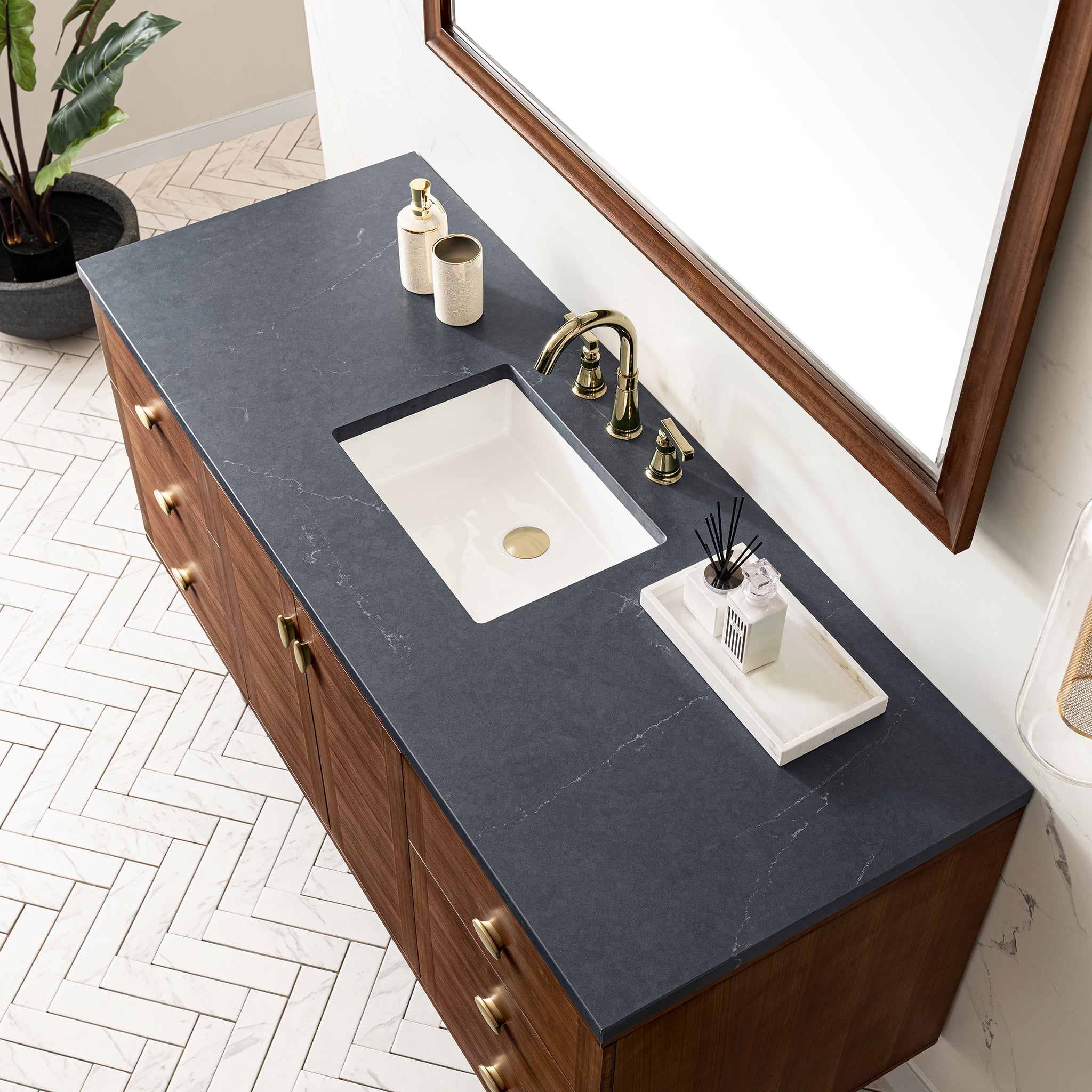 James Martin Amberly 60" Dual Mount Single Bathroom Vanity, Mid-Century Walnut with Charcoal Soapstone countertop
