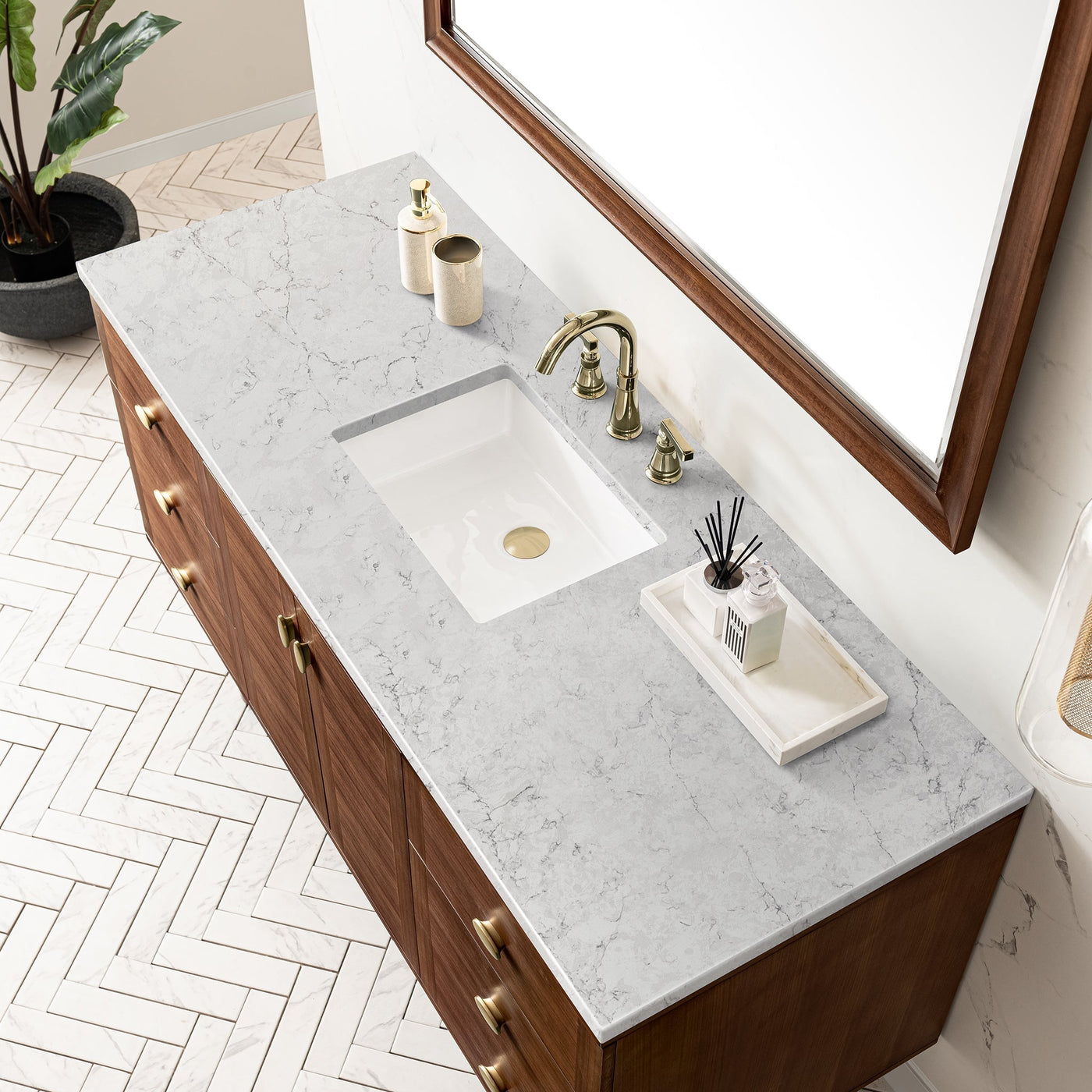 James Martin Amberly 60" Dual Mount Single Bathroom Vanity, Mid-Century Walnut with Eternal Jasmine Pearl countertop