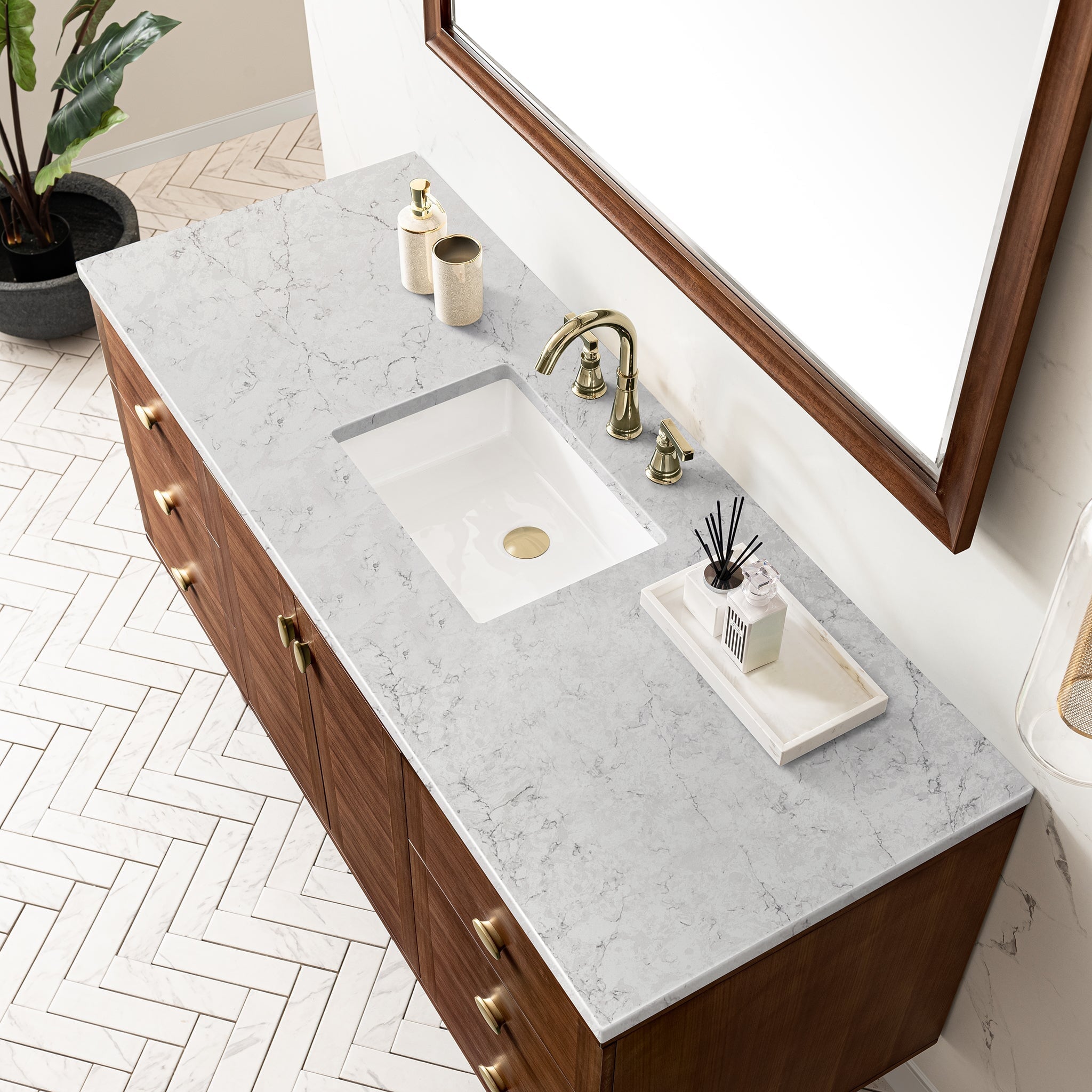 James Martin Amberly 60" Dual Mount Single Bathroom Vanity, Mid-Century Walnut with Eternal Jasmine Pearl countertop