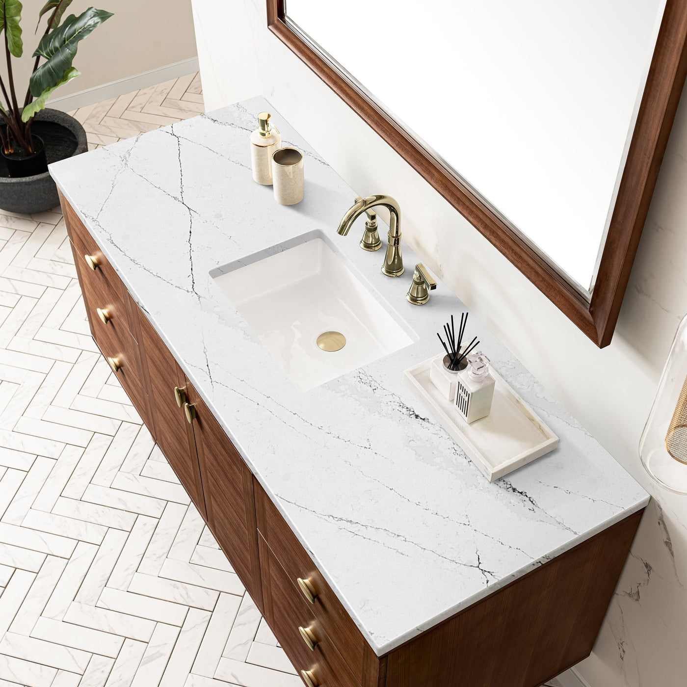 James Martin Amberly 60" Dual Mount Single Bathroom Vanity, Mid-Century Walnut with Ethereal Noctis countertop