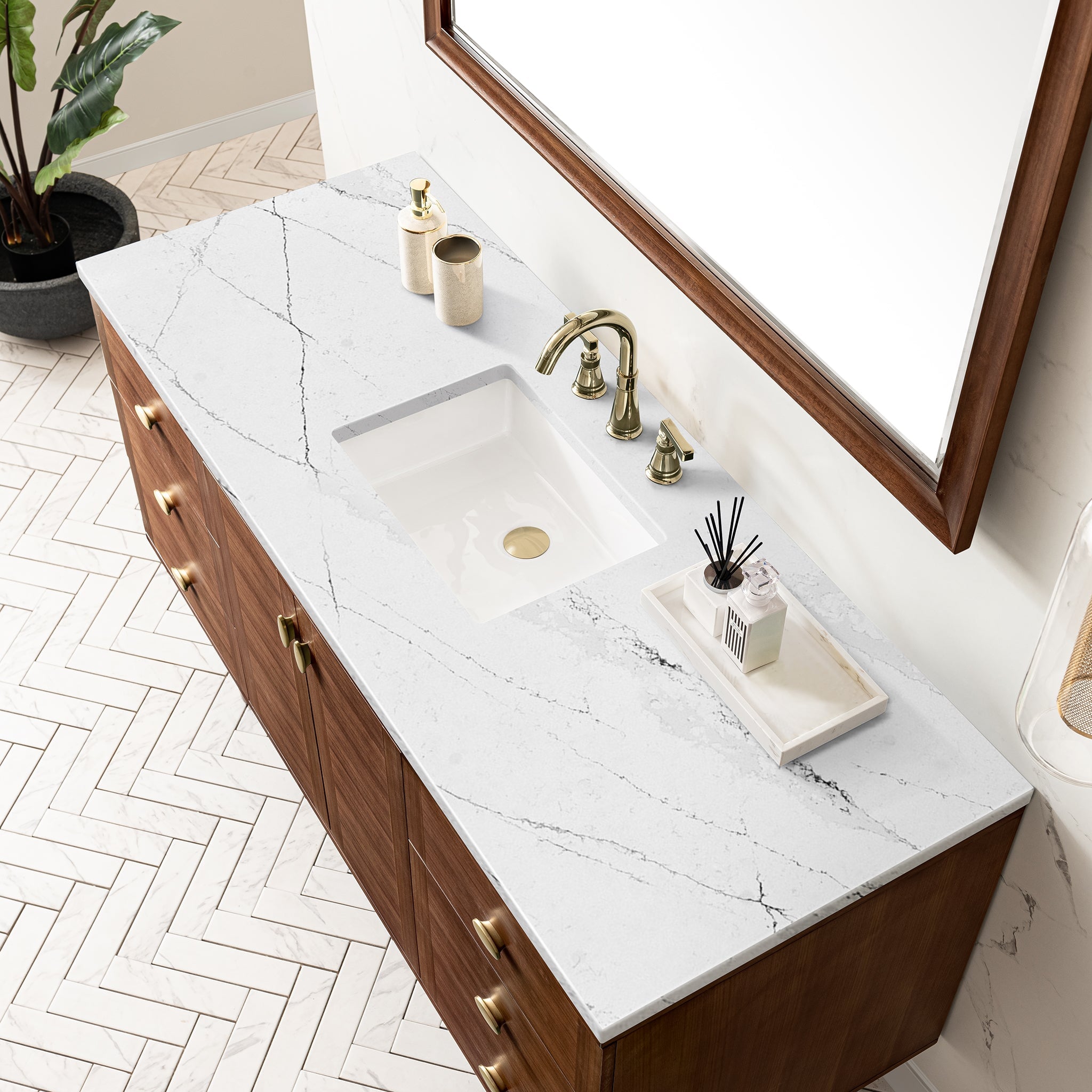 James Martin Amberly 60" Dual Mount Single Bathroom Vanity, Mid-Century Walnut with Ethereal Noctis countertop